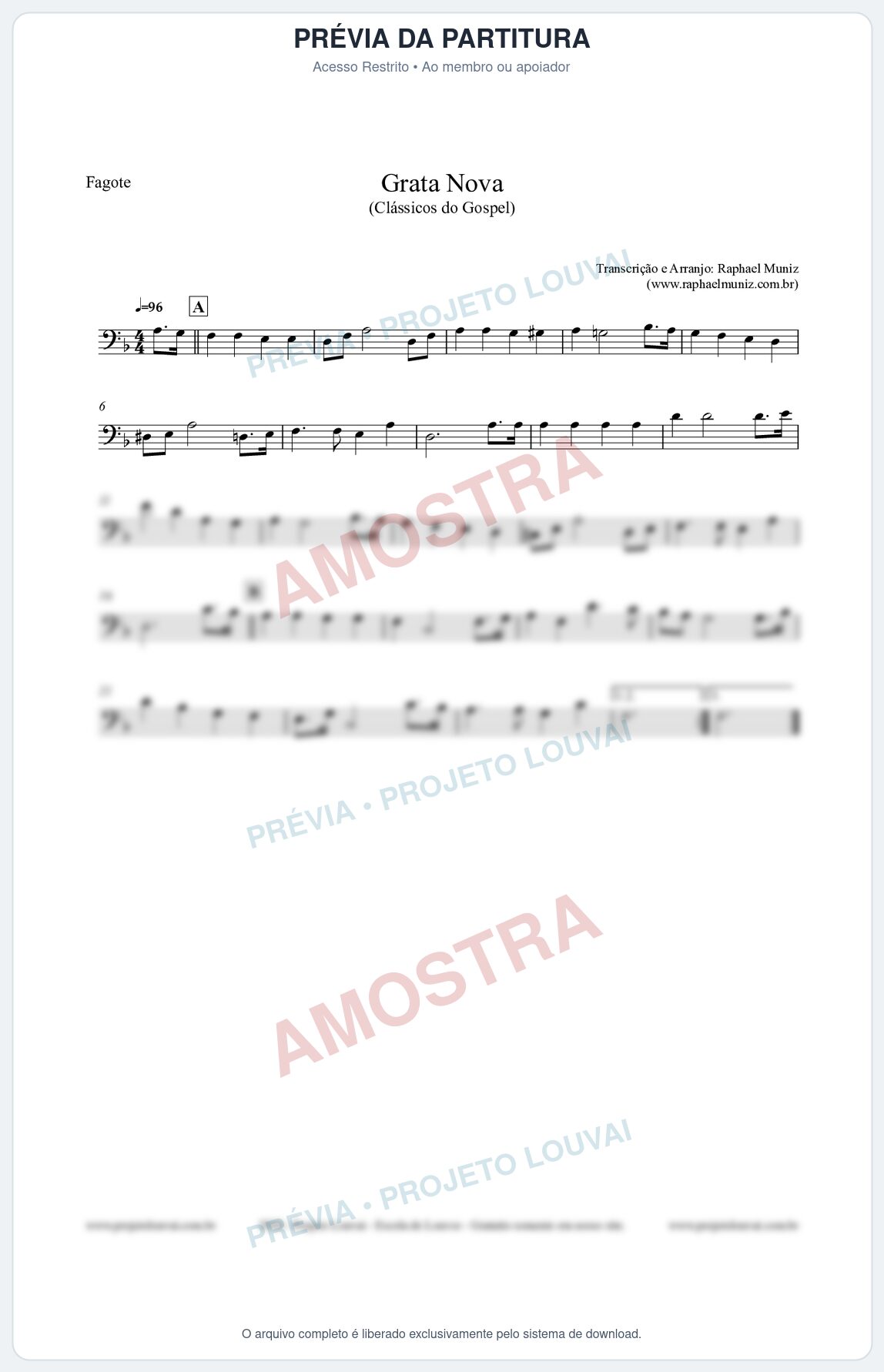 Prévia protegida da primeira página da partitura Partitura para Fagote - Grata Nova - Harpa Cristã 18 (Tom Dm) - Clássicos do Gospel