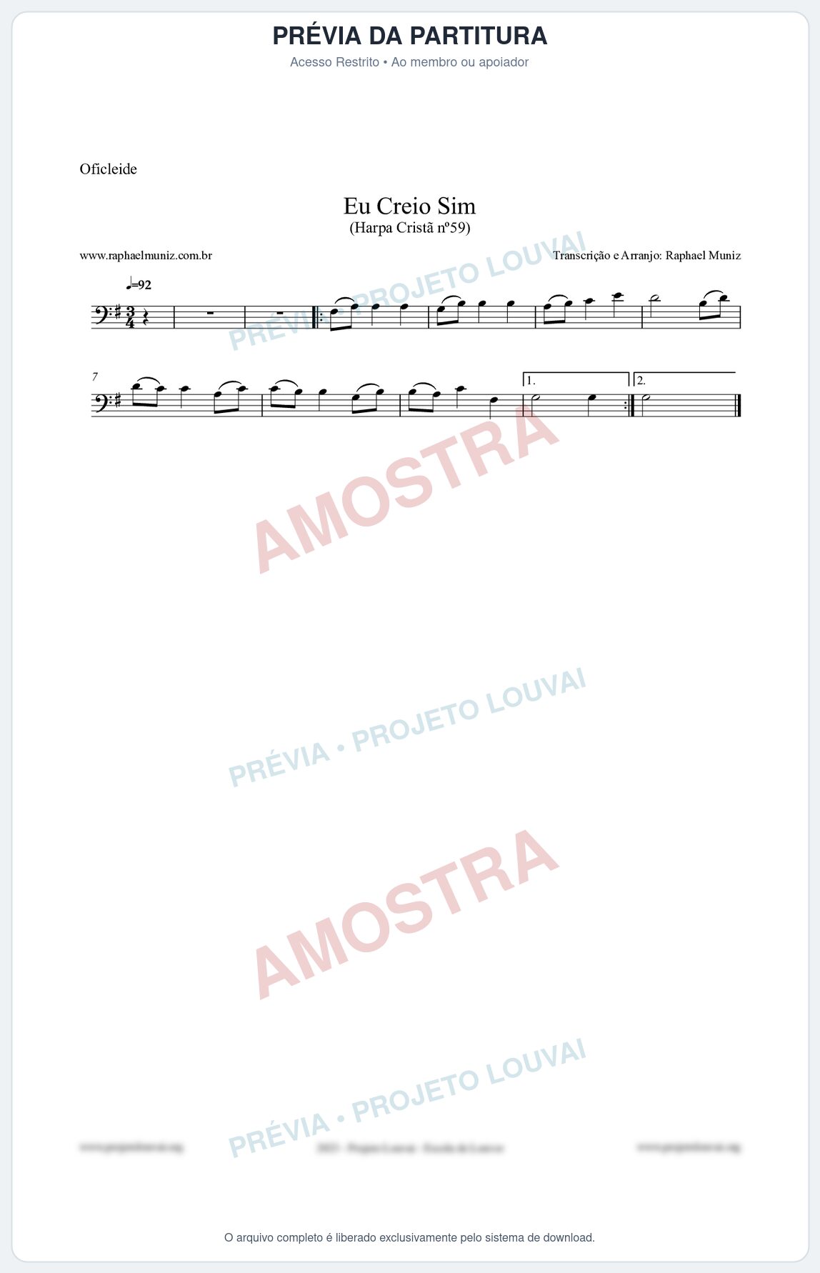 Prévia protegida da primeira página da partitura Partitura para Oficleide - Eu Creio Sim - Harpa Cristã nº59 - Clássicos do Gospel