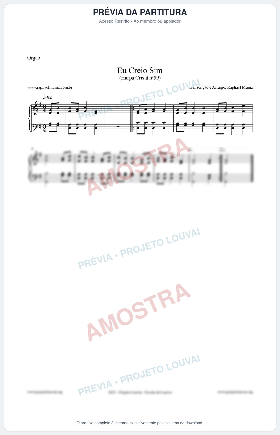 Prévia protegida da primeira página da partitura Partitura para Órgão - Eu Creio Sim - Harpa Cristã nº59 - Clássicos do Gospel