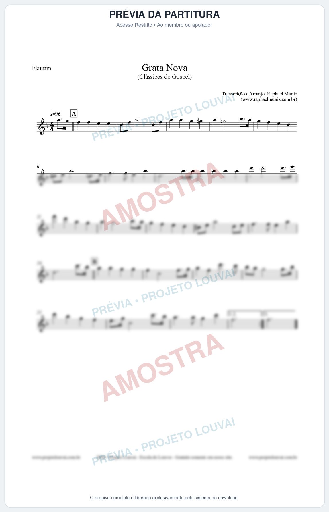 Prévia protegida da primeira página da partitura Partitura para Flautim - Grata Nova - Harpa Cristã 18 (Tom Dm) - Clássicos do Gospel