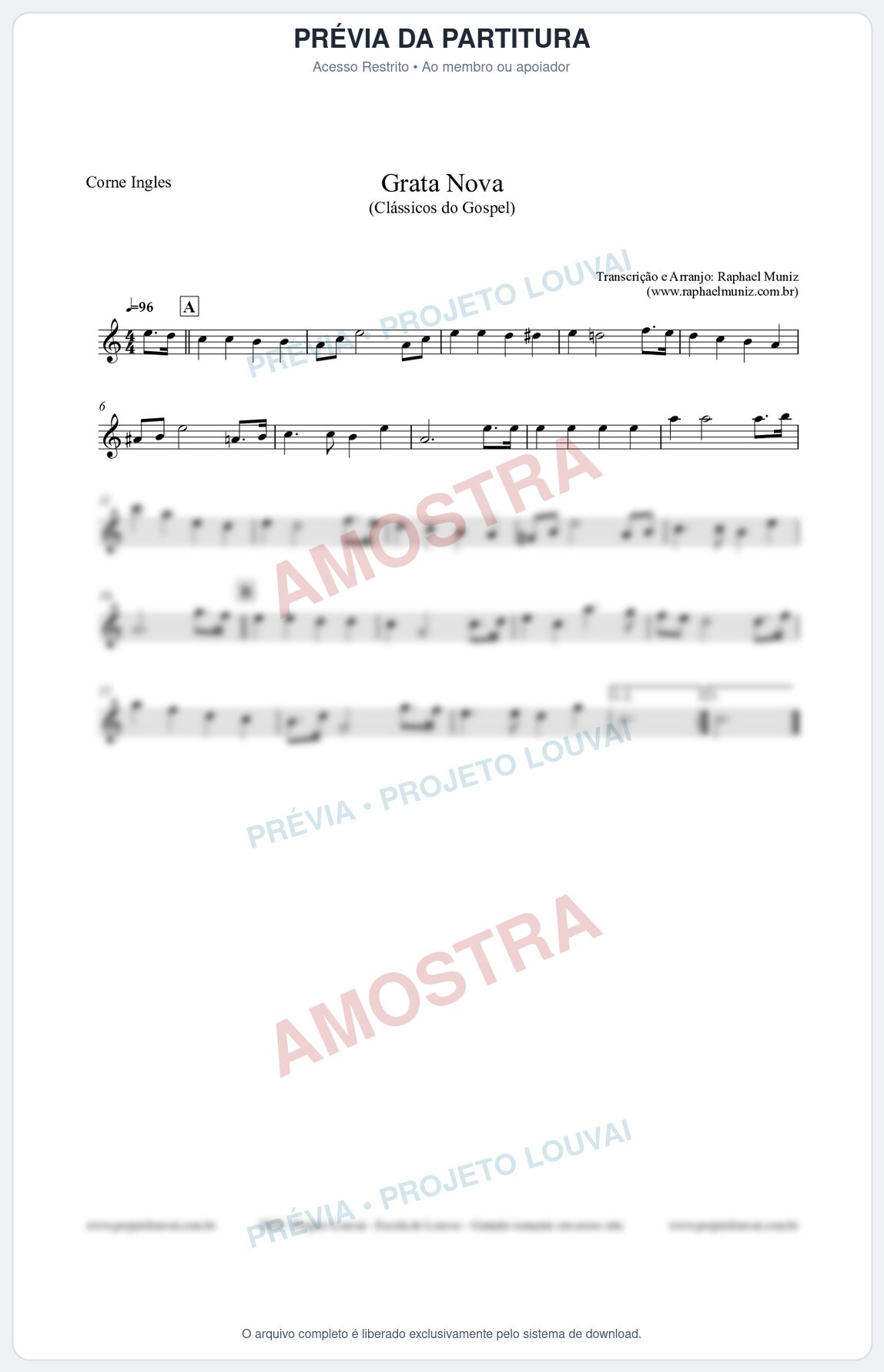 Prévia protegida da primeira página da partitura Partitura para Corne Inglês - Grata Nova - Harpa Cristã 18 (Tom Dm) - Clássicos do Gospel