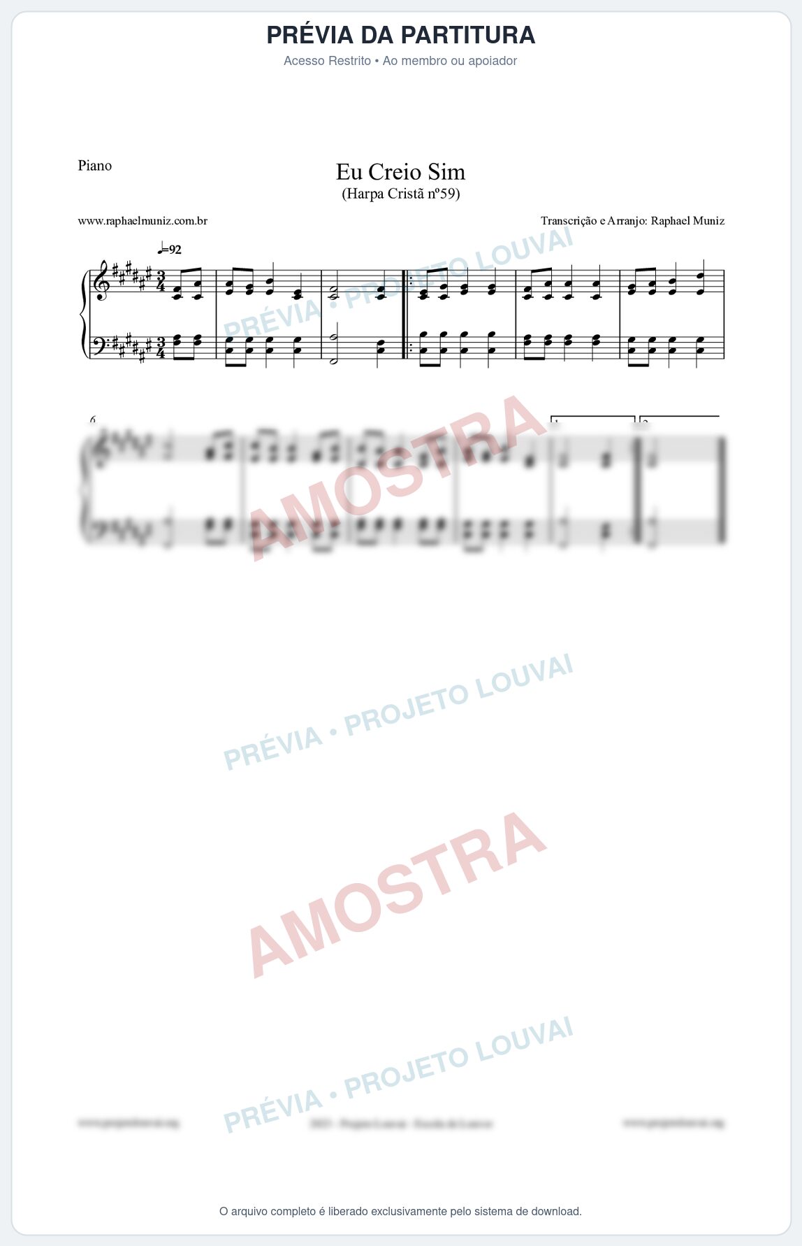 Prévia protegida da primeira página da partitura Partitura para Piano - Eu Creio Sim - Harpa Cristã nº59 - Clássicos do Gospel