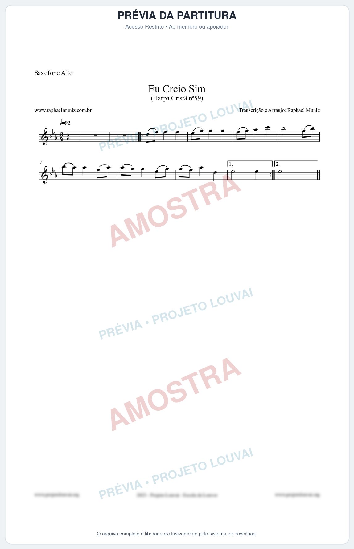 Prévia protegida da primeira página da partitura Partitura para Saxofone Alto - Eu Creio Sim - Harpa Cristã nº59 - Clássicos do Gospel