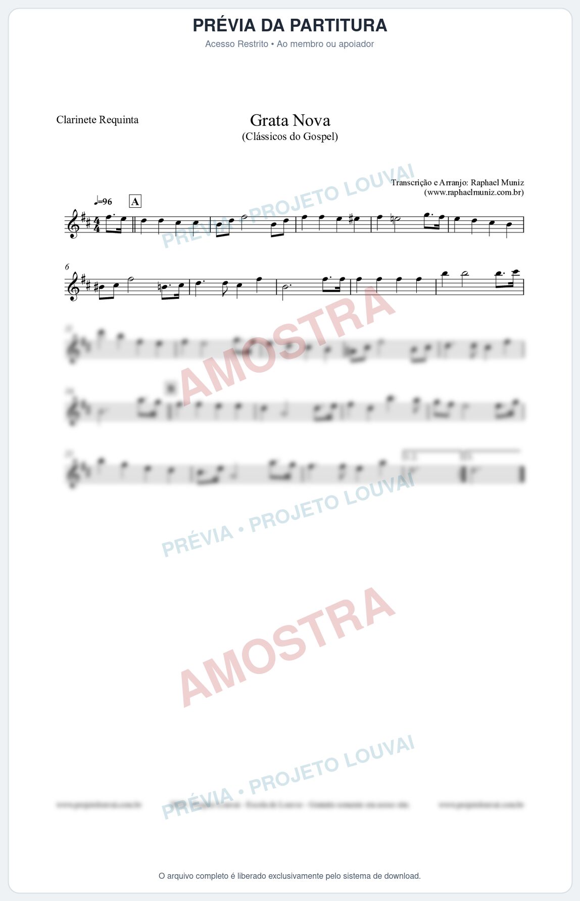 Prévia protegida da primeira página da partitura Partitura para Clarinete Requinta - Grata Nova - Harpa Cristã 18 (Tom Dm) - Clássicos do Gospel