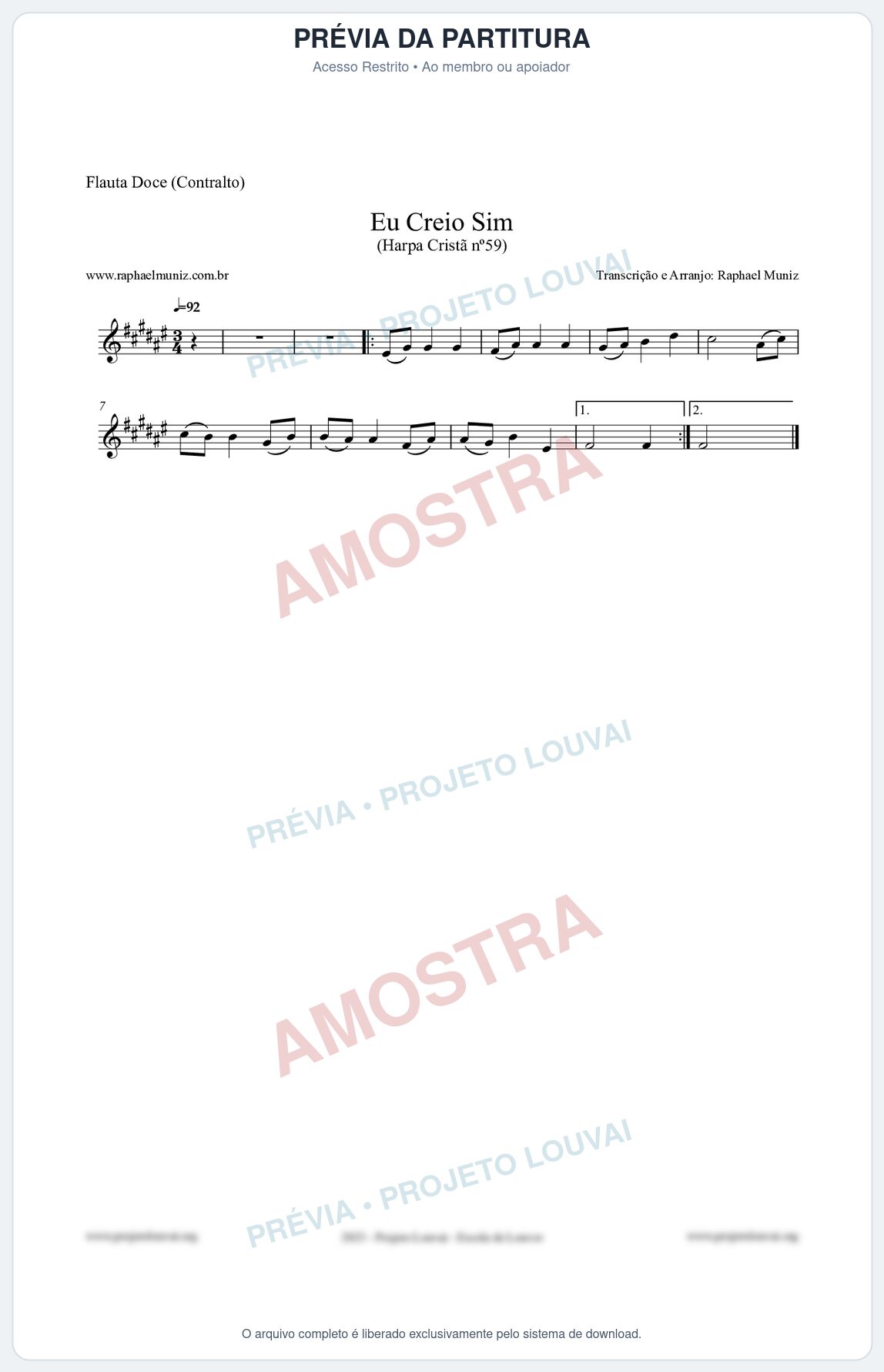 Prévia protegida da primeira página da partitura Partitura para Flauta Doce (Contralto) - Eu Creio Sim - Harpa Cristã nº59 - Clássicos do Gospel