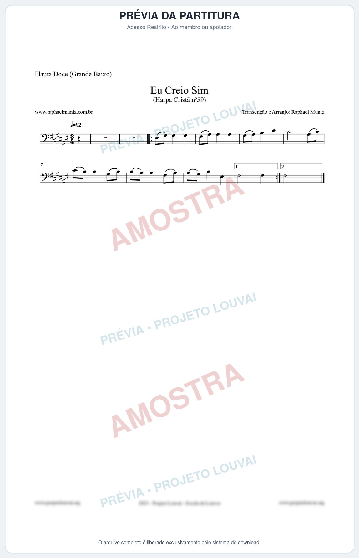 Prévia protegida da primeira página da partitura Partitura para Flauta Doce (Grande Baixo) - Eu Creio Sim - Harpa Cristã nº59 - Clássicos do Gospel
