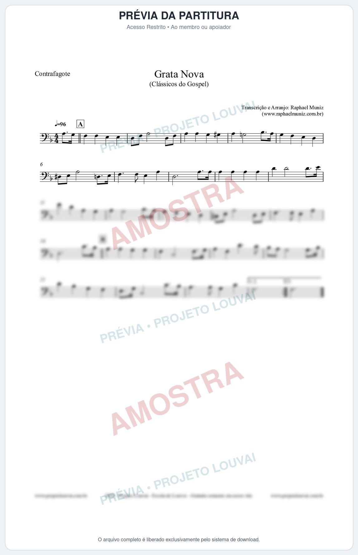 Prévia protegida da primeira página da partitura Partitura para Contrafagote - Grata Nova - Harpa Cristã 18 (Tom Dm) - Clássicos do Gospel