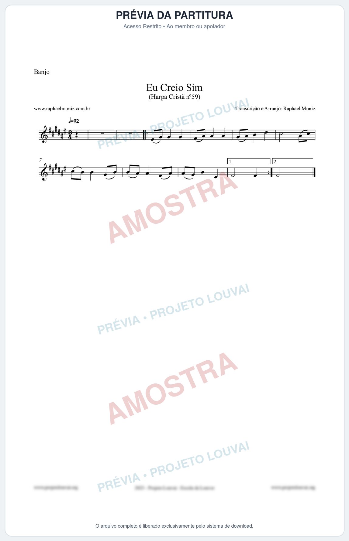 Prévia protegida da primeira página da partitura Partitura para Banjo - Eu Creio Sim - Harpa Cristã nº59 - Clássicos do Gospel