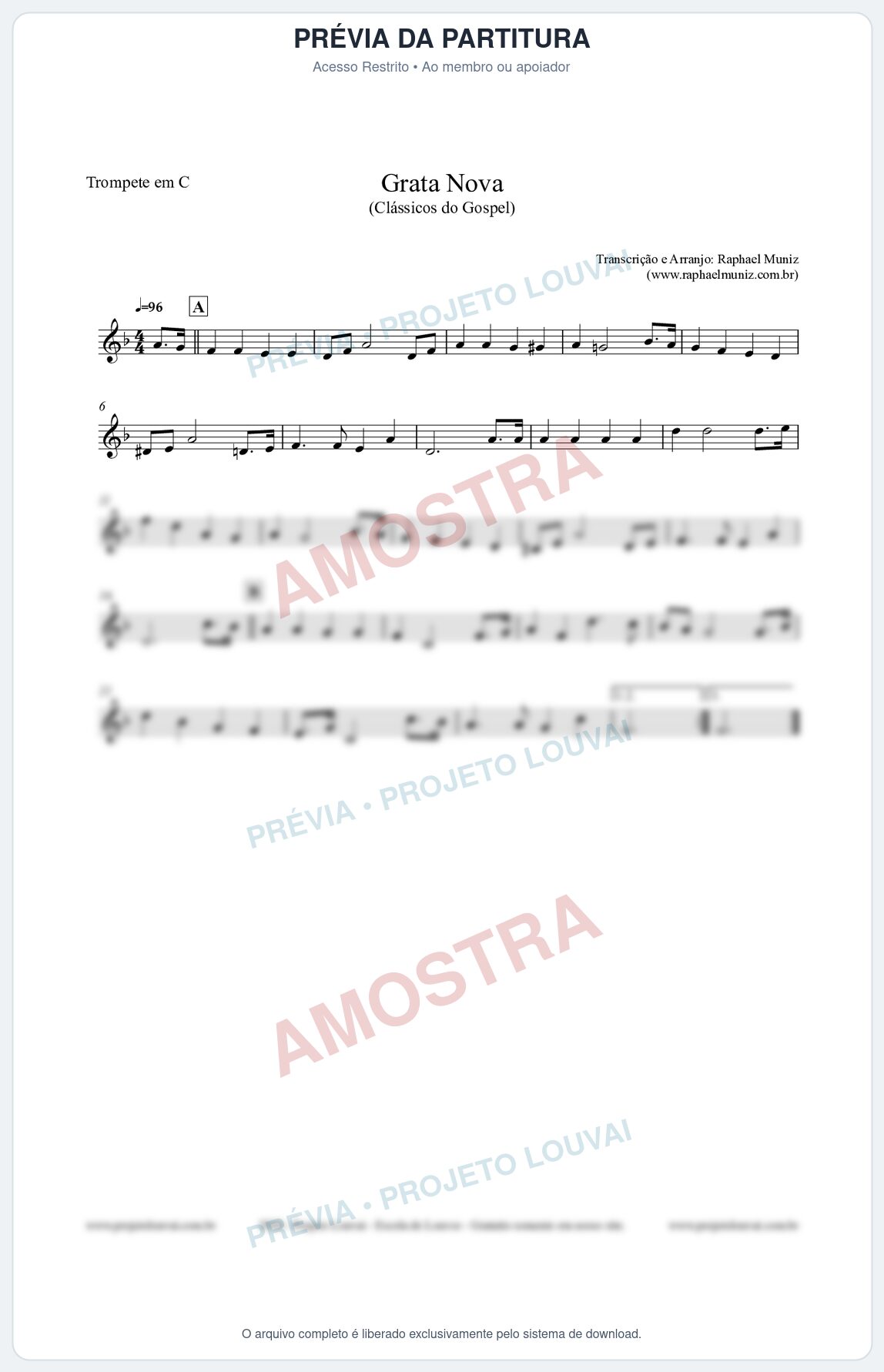 Prévia protegida da primeira página da partitura Partitura para Trompete em C - Grata Nova - Harpa Cristã 18 (Tom Dm) - Clássicos do Gospel