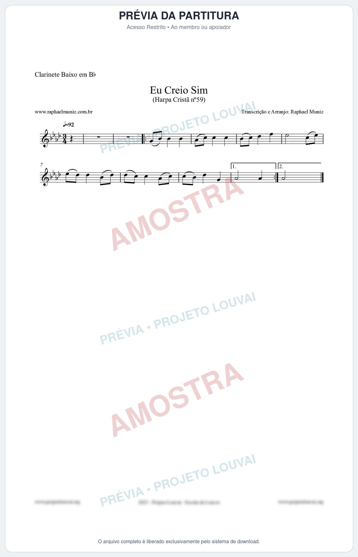 Prévia protegida da primeira página da partitura Partitura para Clarinete Baixo em Bb - Eu Creio Sim - Harpa Cristã nº59 - Clássicos do Gospel