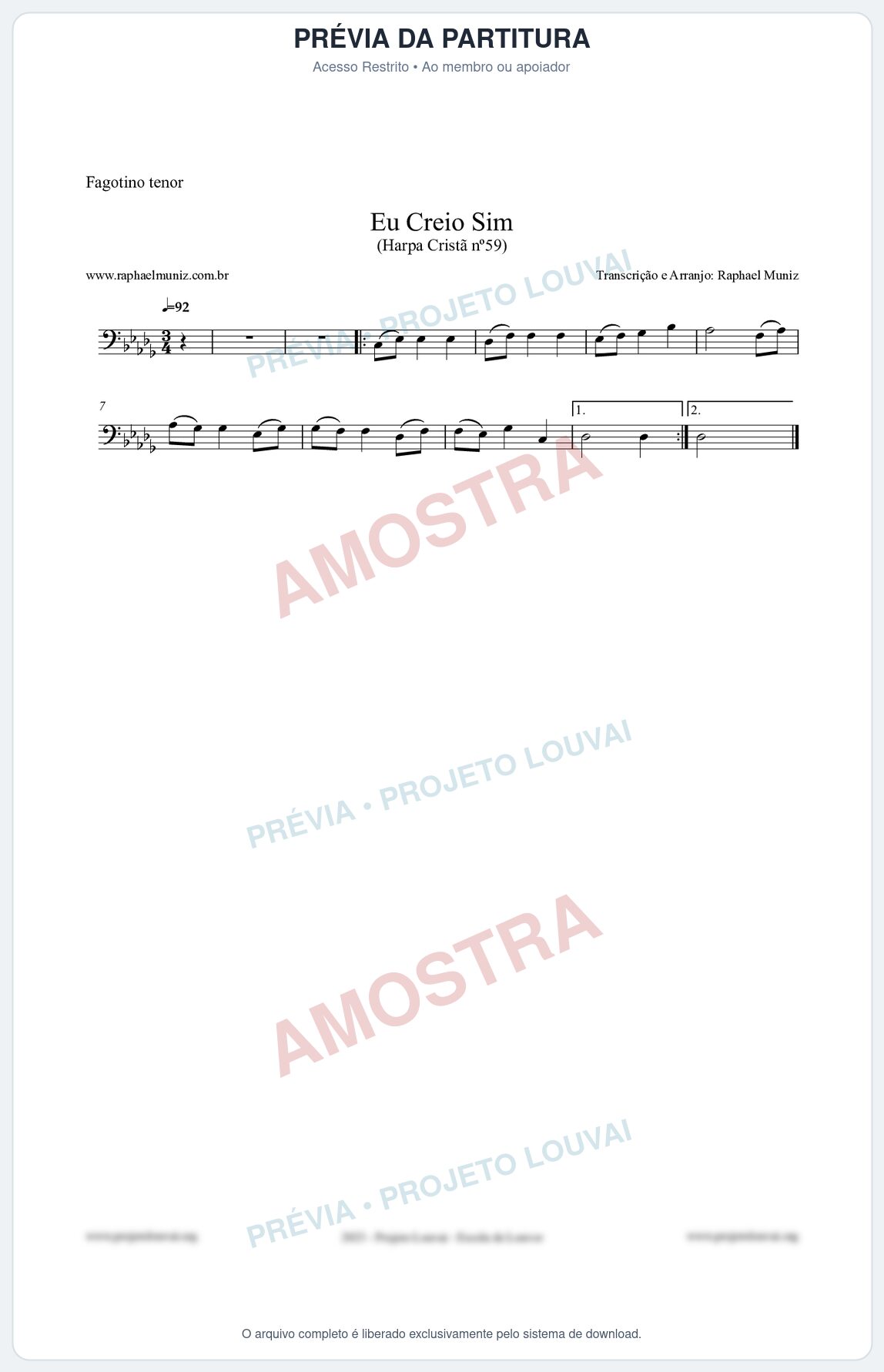 Prévia protegida da primeira página da partitura Partitura para Fagotino tenor - Eu Creio Sim - Harpa Cristã nº59 - Clássicos do Gospel