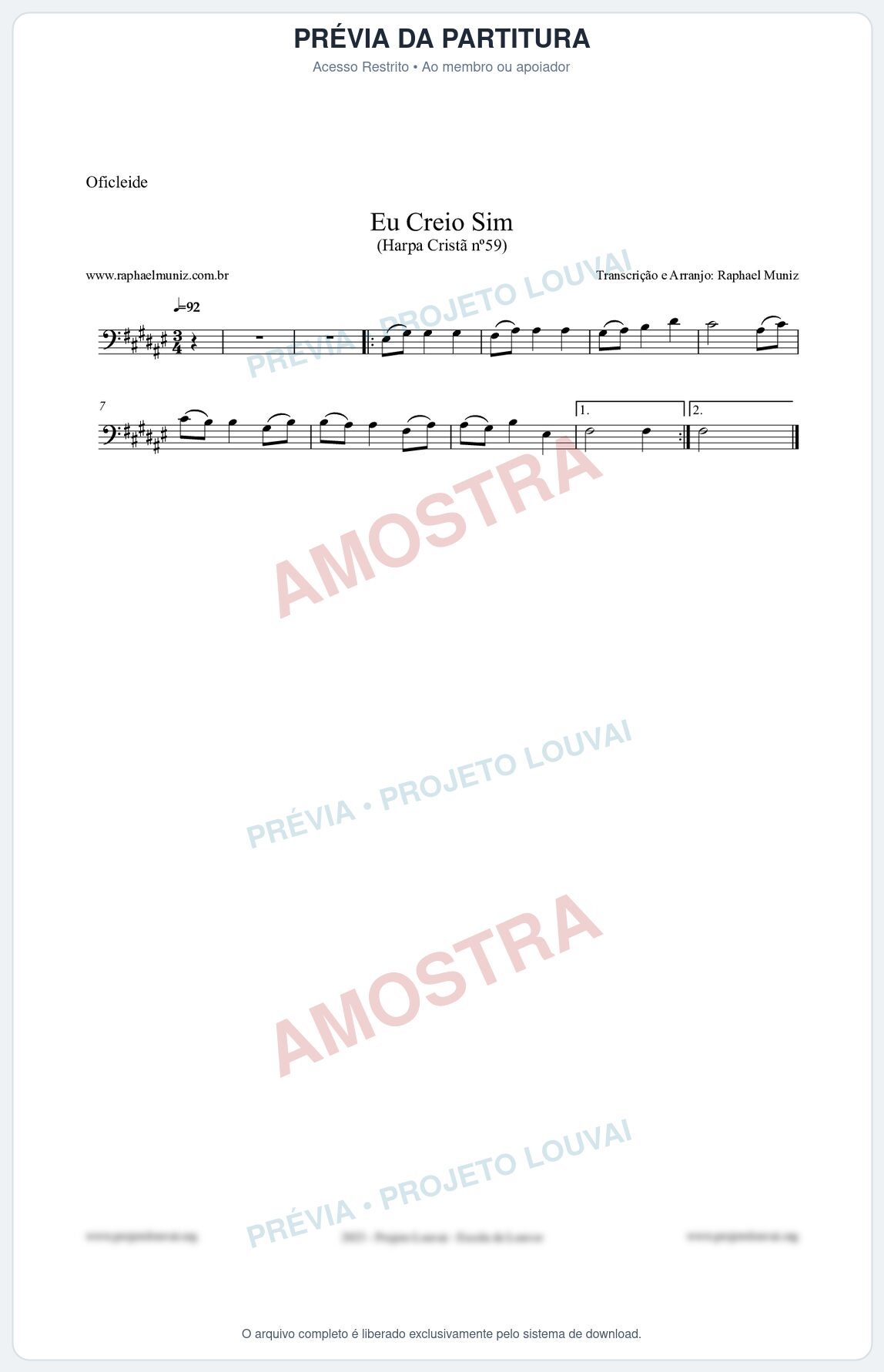 Prévia protegida da primeira página da partitura Partitura para Oficleide - Eu Creio Sim - Harpa Cristã nº59 - Clássicos do Gospel