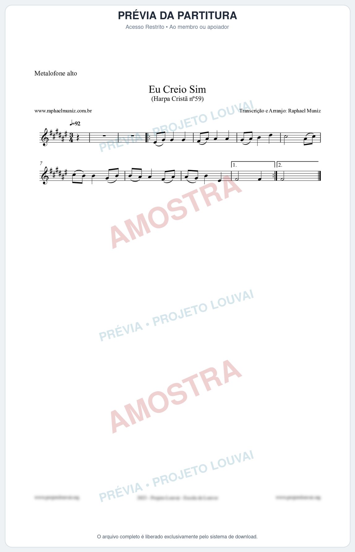 Prévia protegida da primeira página da partitura Partitura para Metalofone alto - Eu Creio Sim - Harpa Cristã nº59 - Clássicos do Gospel