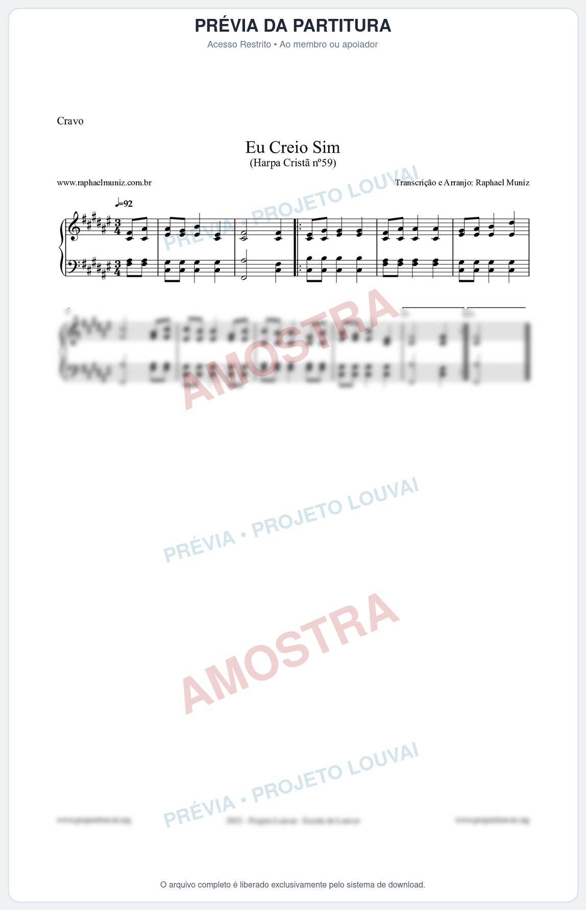 Prévia protegida da primeira página da partitura Partitura para Cravo - Eu Creio Sim - Harpa Cristã nº59 - Clássicos do Gospel