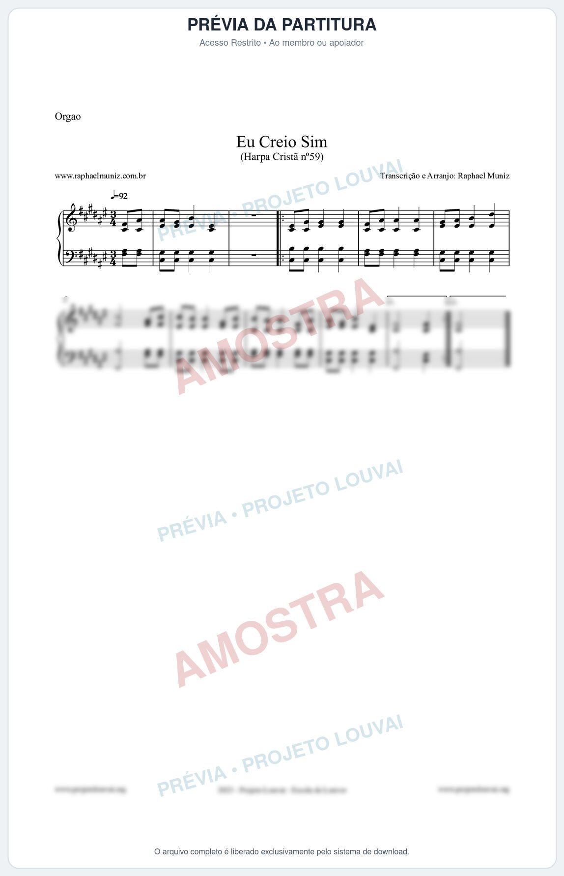 Prévia protegida da primeira página da partitura Partitura para Órgão - Eu Creio Sim - Harpa Cristã nº59 - Clássicos do Gospel