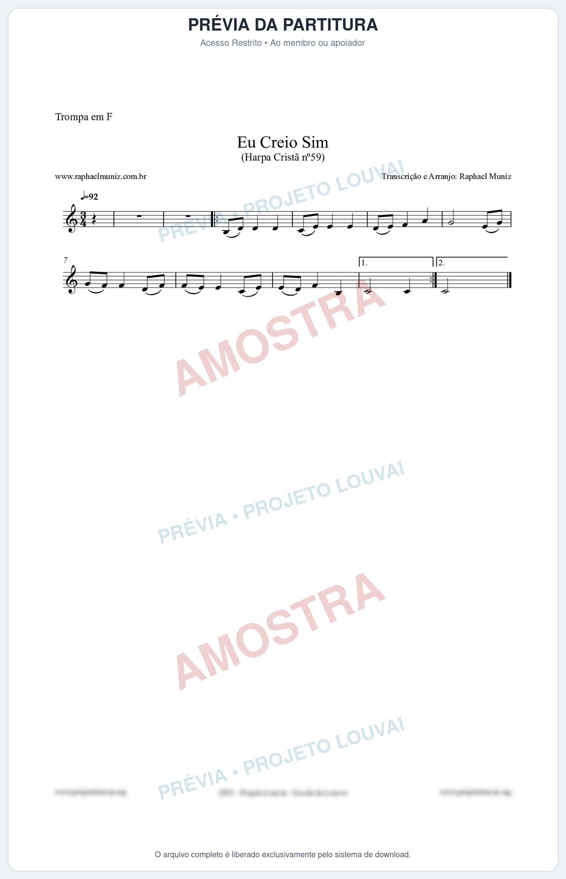 Prévia protegida da primeira página da partitura Partitura para Trompa em F - Eu Creio Sim - Harpa Cristã nº59 - Clássicos do Gospel