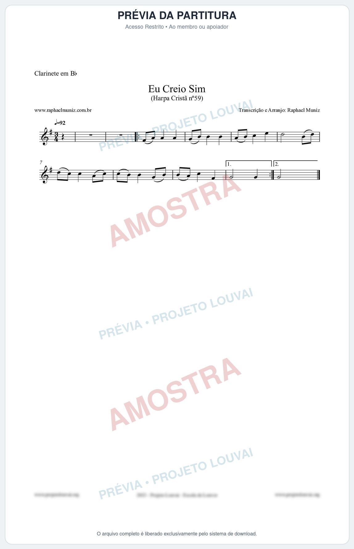 Prévia protegida da primeira página da partitura Partitura para Clarinete em Bb - Eu Creio Sim - Harpa Cristã nº59 - Clássicos do Gospel