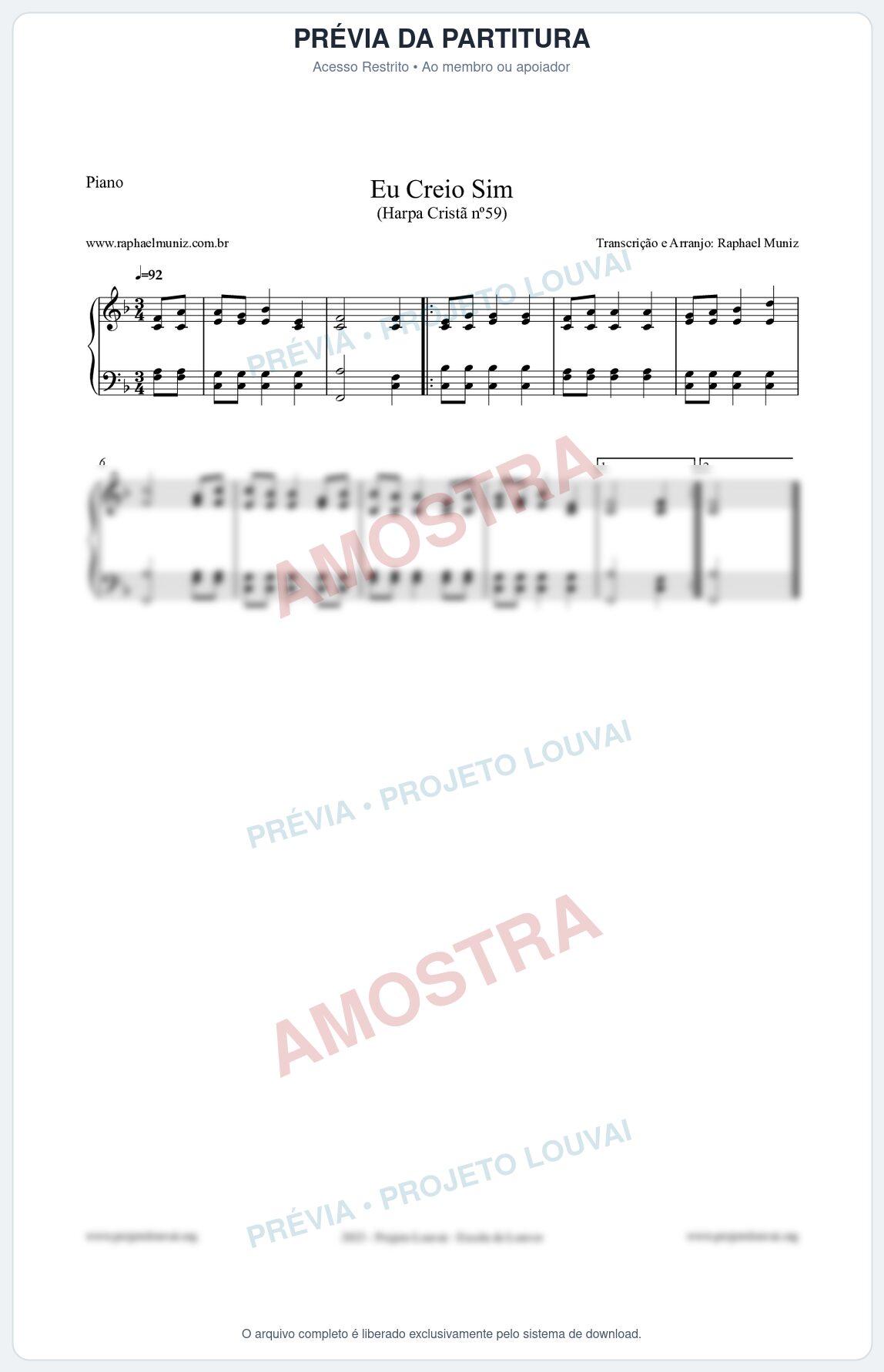 Prévia protegida da primeira página da partitura Partitura para Piano - Eu Creio Sim - Harpa Cristã nº59 - Clássicos do Gospel