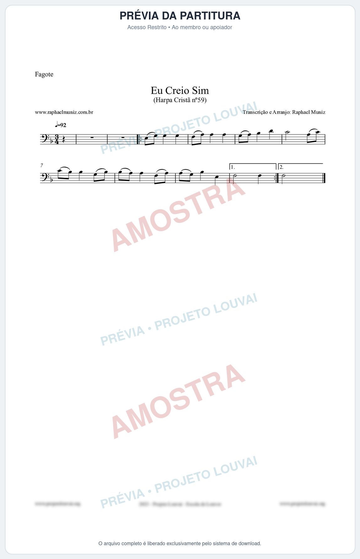 Prévia protegida da primeira página da partitura Partitura para Fagote - Eu Creio Sim - Harpa Cristã nº59 - Clássicos do Gospel
