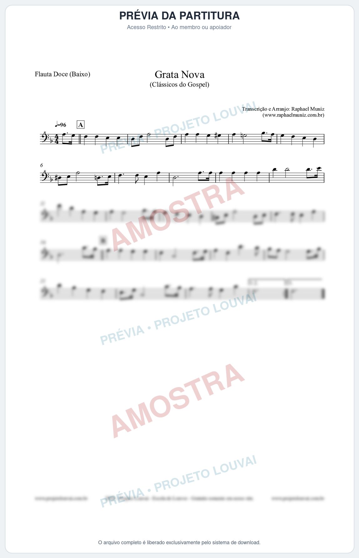 Prévia protegida da primeira página da partitura Partitura para Flauta Doce (Baixo) - Grata Nova - Harpa Cristã 18 (Tom Dm) - Clássicos do Gospel