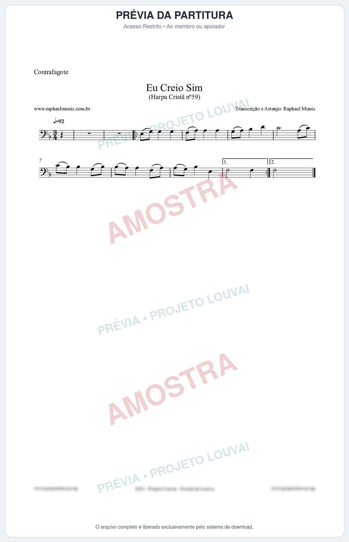 Prévia protegida da primeira página da partitura Partitura para Contrafagote - Eu Creio Sim - Harpa Cristã nº59 - Clássicos do Gospel