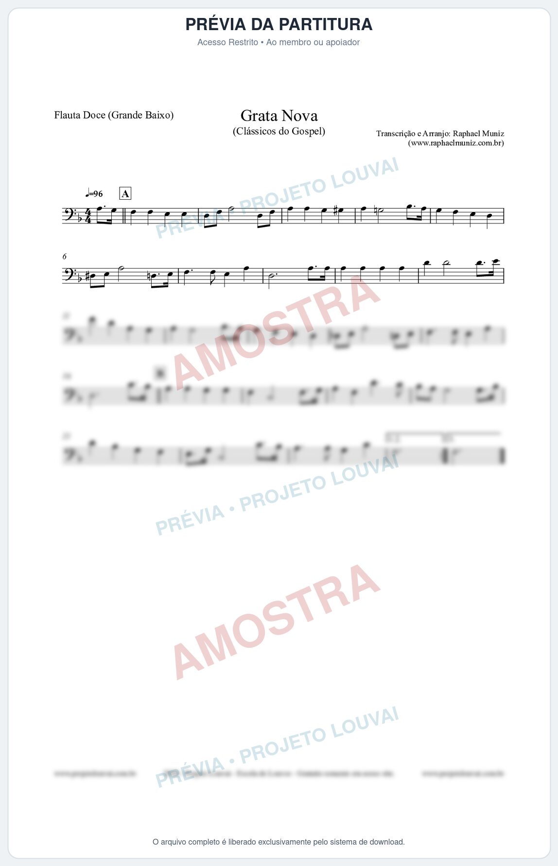 Prévia protegida da primeira página da partitura Partitura para Flauta Doce (Grande Baixo) - Grata Nova - Harpa Cristã 18 (Tom Dm) - Clássicos do Gospel