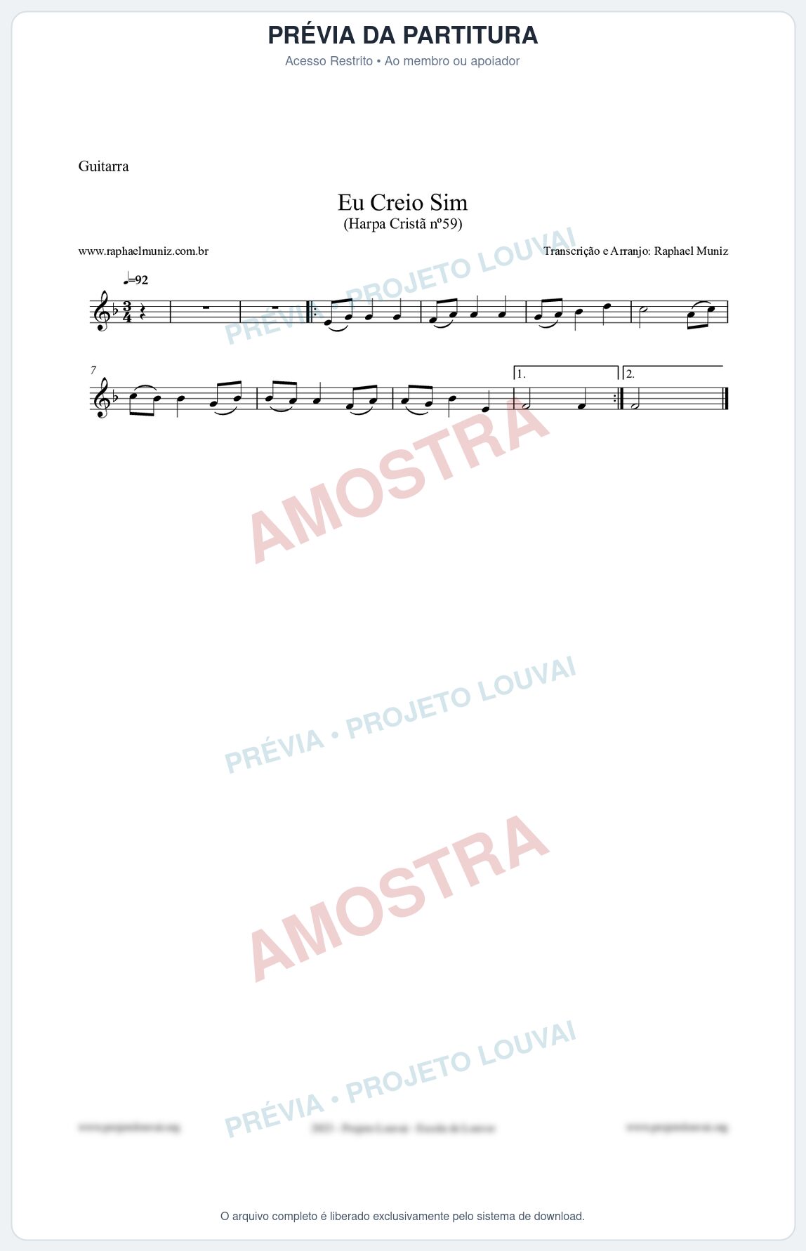 Prévia protegida da primeira página da partitura Partitura para Guitarra - Eu Creio Sim - Harpa Cristã nº59 - Clássicos do Gospel