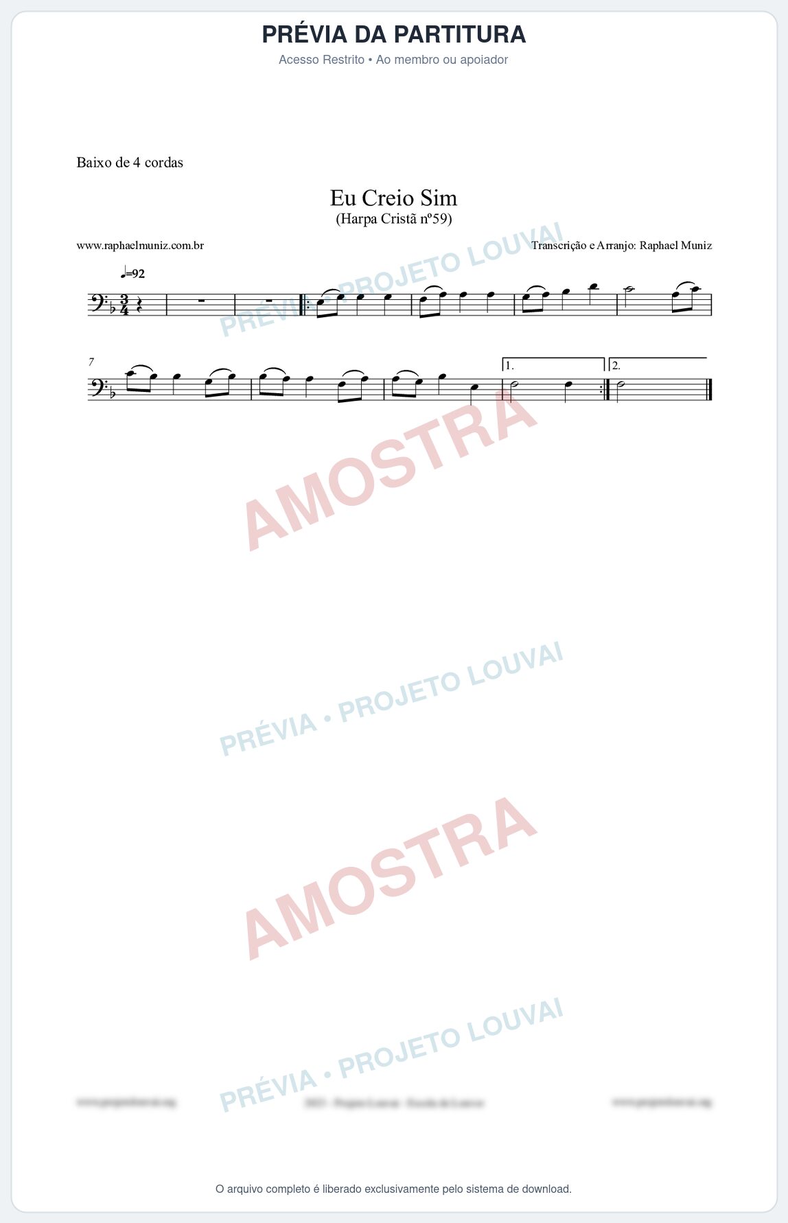 Prévia protegida da primeira página da partitura Partitura para Baixo de 4 cordas - Eu Creio Sim - Harpa Cristã nº59 - Clássicos do Gospel