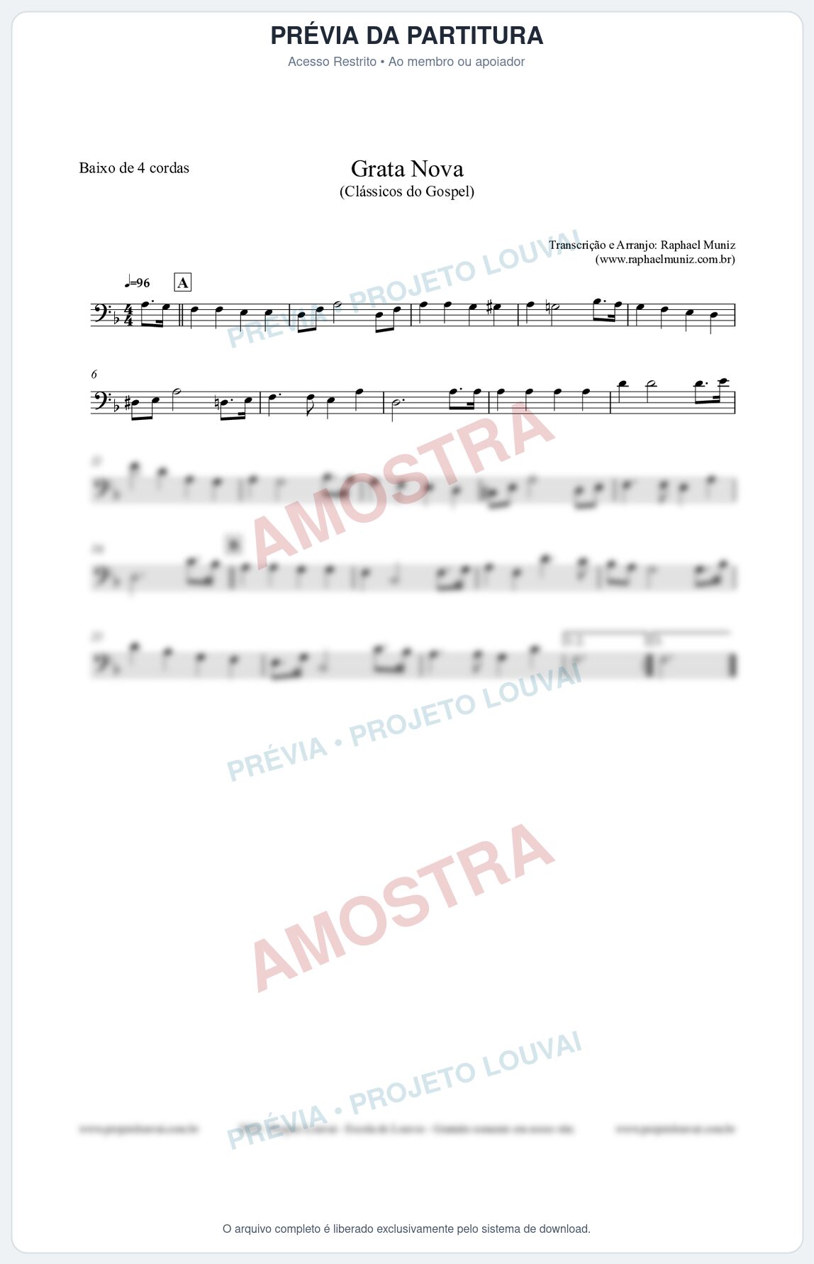 Prévia protegida da primeira página da partitura Partitura para Baixo de 4 cordas - Grata Nova - Harpa Cristã 18 (Tom Dm) - Clássicos do Gospel