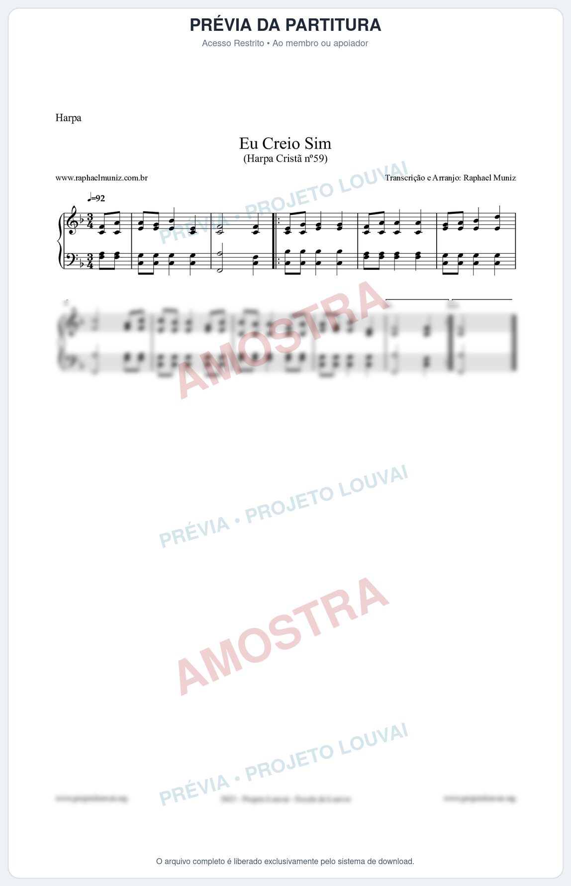 Prévia protegida da primeira página da partitura Partitura para Harpa - Eu Creio Sim - Harpa Cristã nº59 - Clássicos do Gospel