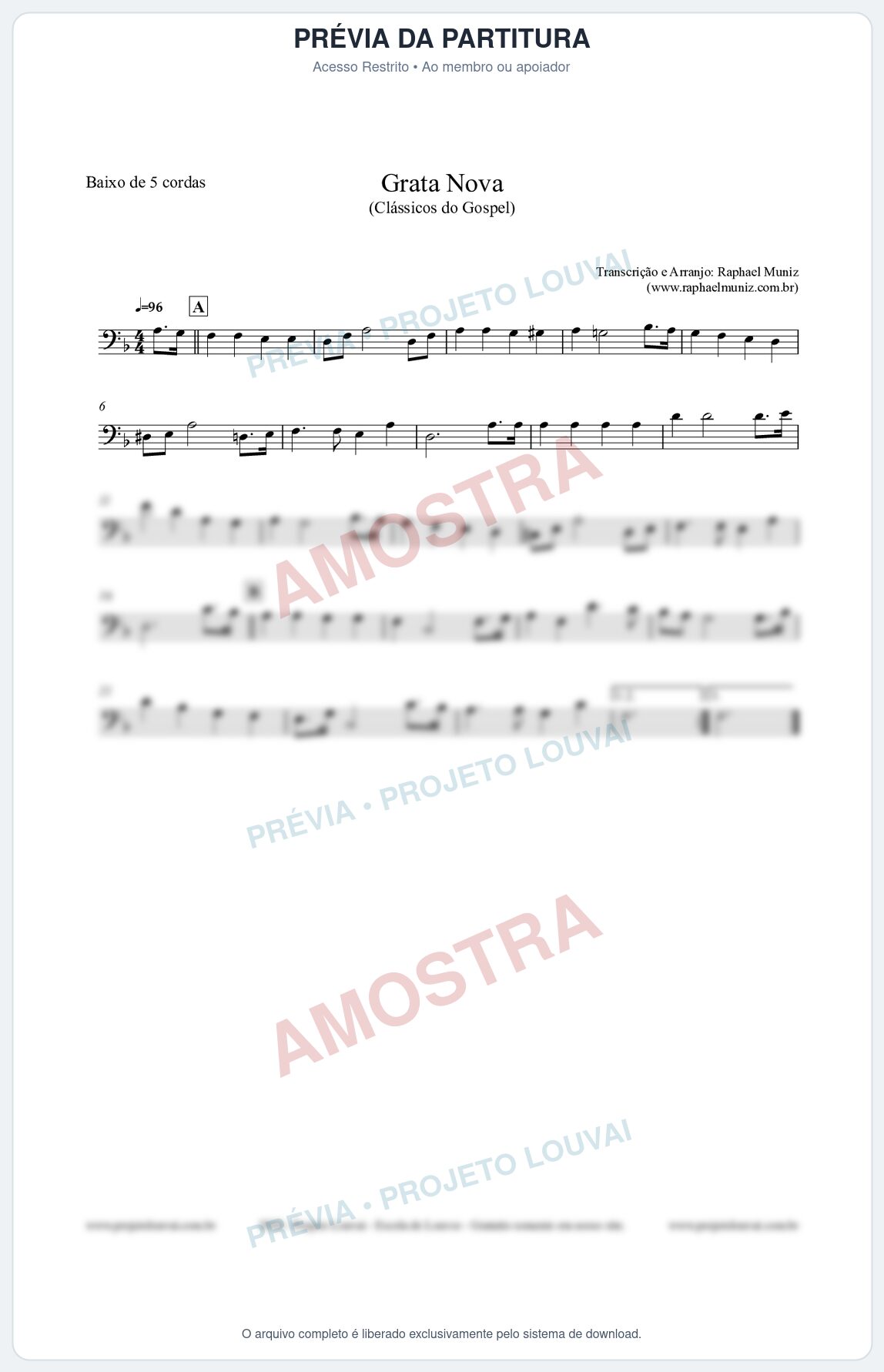 Prévia protegida da primeira página da partitura Partitura para Baixo de 5 cordas - Grata Nova - Harpa Cristã 18 (Tom Dm) - Clássicos do Gospel