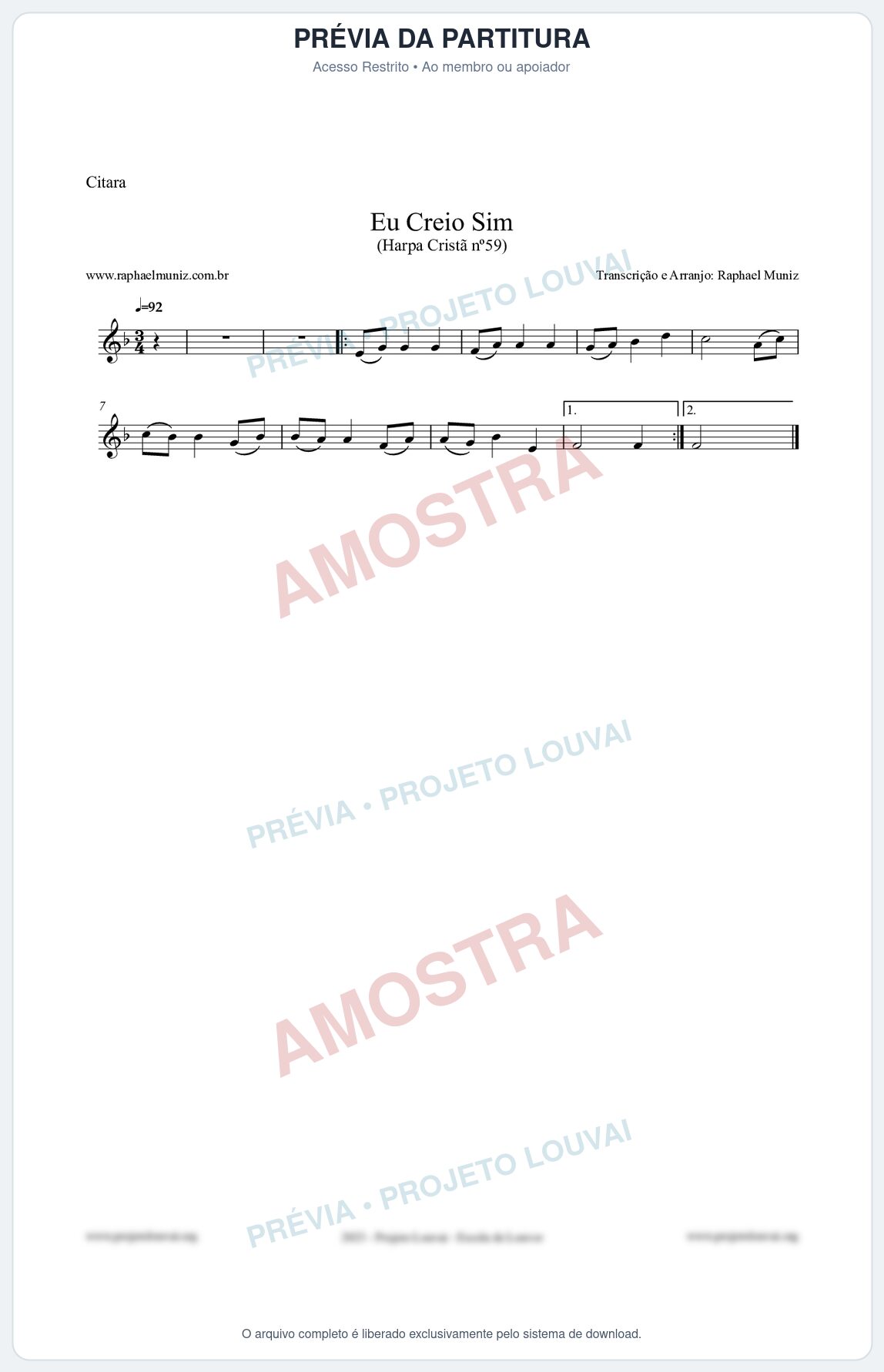 Prévia protegida da primeira página da partitura Partitura para Cítara - Eu Creio Sim - Harpa Cristã nº59 - Clássicos do Gospel