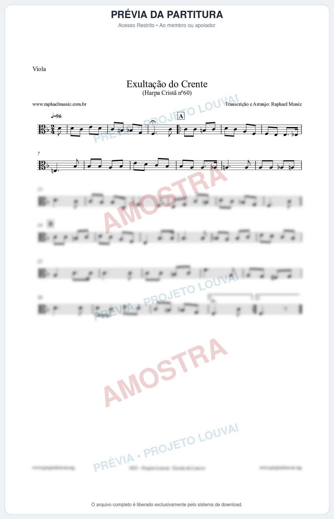 Prévia protegida da primeira página da partitura Partitura para Viola - Exultação do Crente - Harpa Cristã nº60 - Clássicos do Gospel
