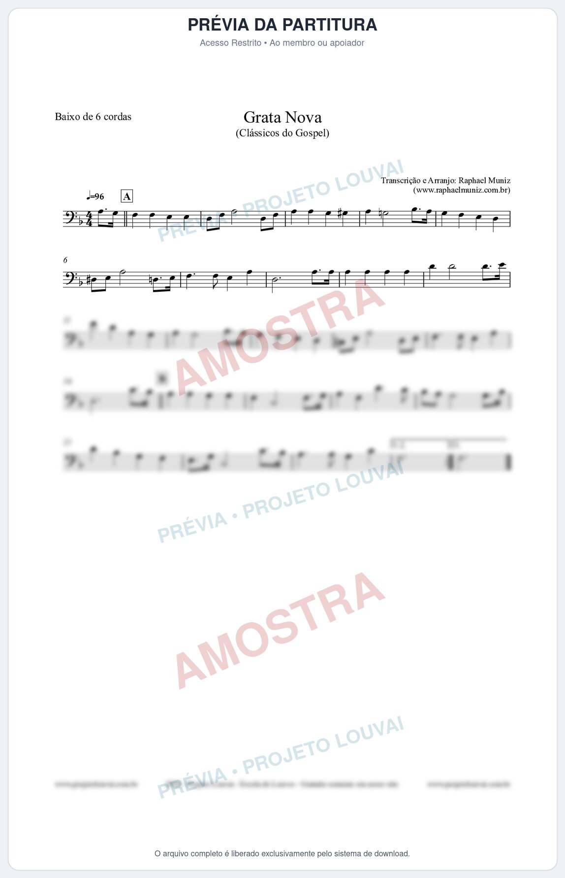 Prévia protegida da primeira página da partitura Partitura para Baixo de 6 cordas - Grata Nova - Harpa Cristã 18 (Tom Dm) - Clássicos do Gospel