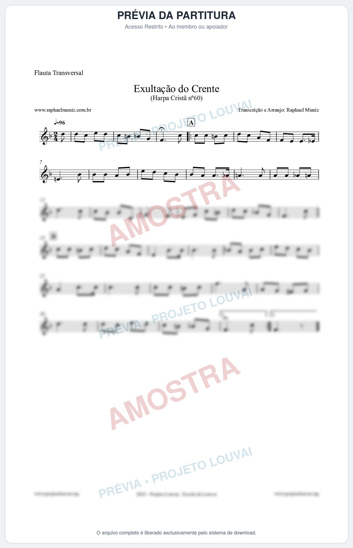 Prévia protegida da primeira página da partitura Partitura para Flauta Transversal - Exultação do Crente - Harpa Cristã nº60 - Clássicos do Gospel