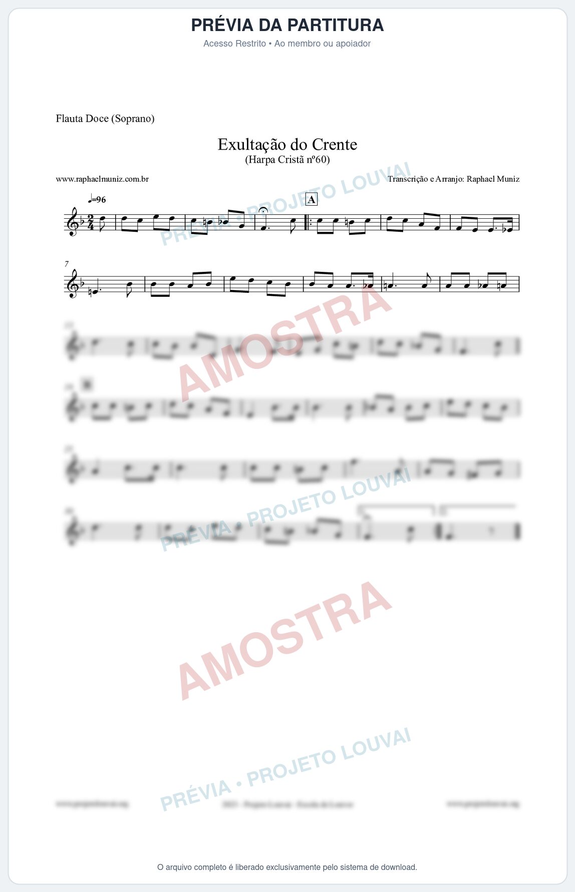 Prévia protegida da primeira página da partitura Partitura para Flauta Doce (Soprano) - Exultação do Crente - Harpa Cristã nº60 - Clássicos do Gospel