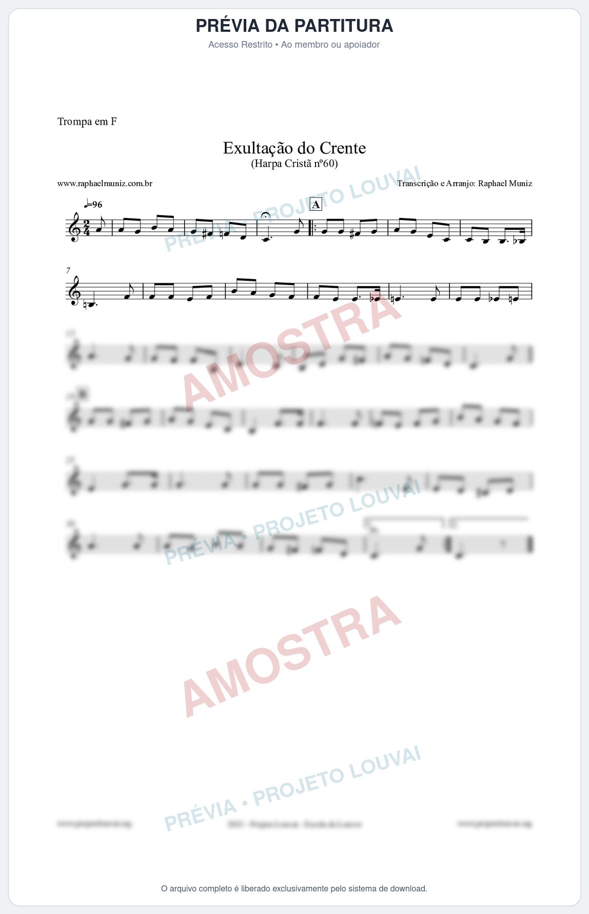 Prévia protegida da primeira página da partitura Partitura para Trompa em F - Exultação do Crente - Harpa Cristã nº60 - Clássicos do Gospel