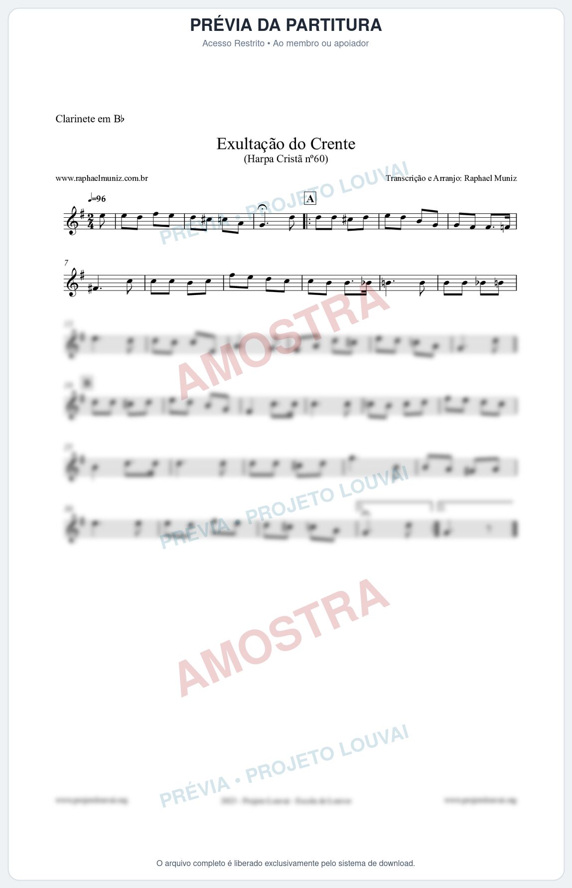 Prévia protegida da primeira página da partitura Partitura para Clarinete em Bb - Exultação do Crente - Harpa Cristã nº60 - Clássicos do Gospel