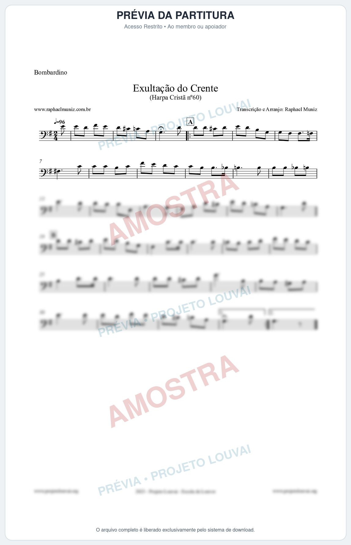 Prévia protegida da primeira página da partitura Partitura para Bombardino - Exultação do Crente - Harpa Cristã nº60 - Clássicos do Gospel