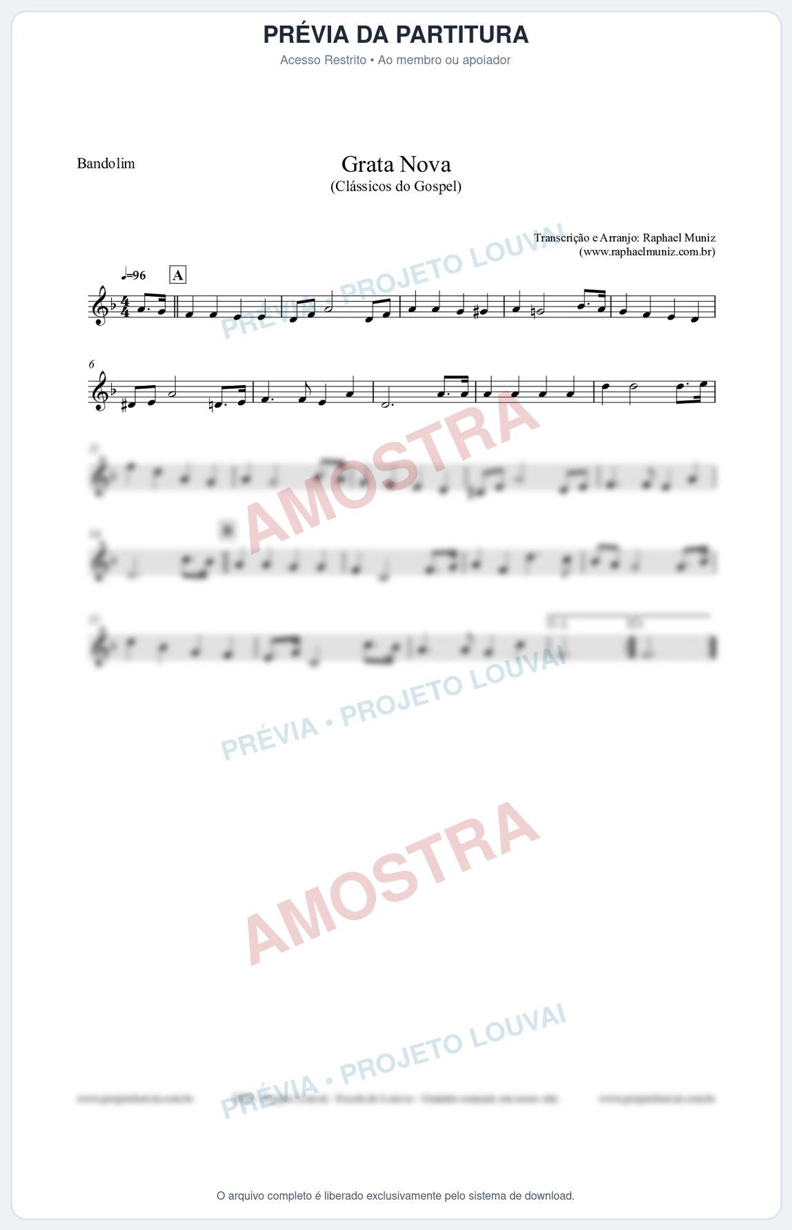 Prévia protegida da primeira página da partitura Partitura para Bandolim - Grata Nova - Harpa Cristã 18 (Tom Dm) - Clássicos do Gospel