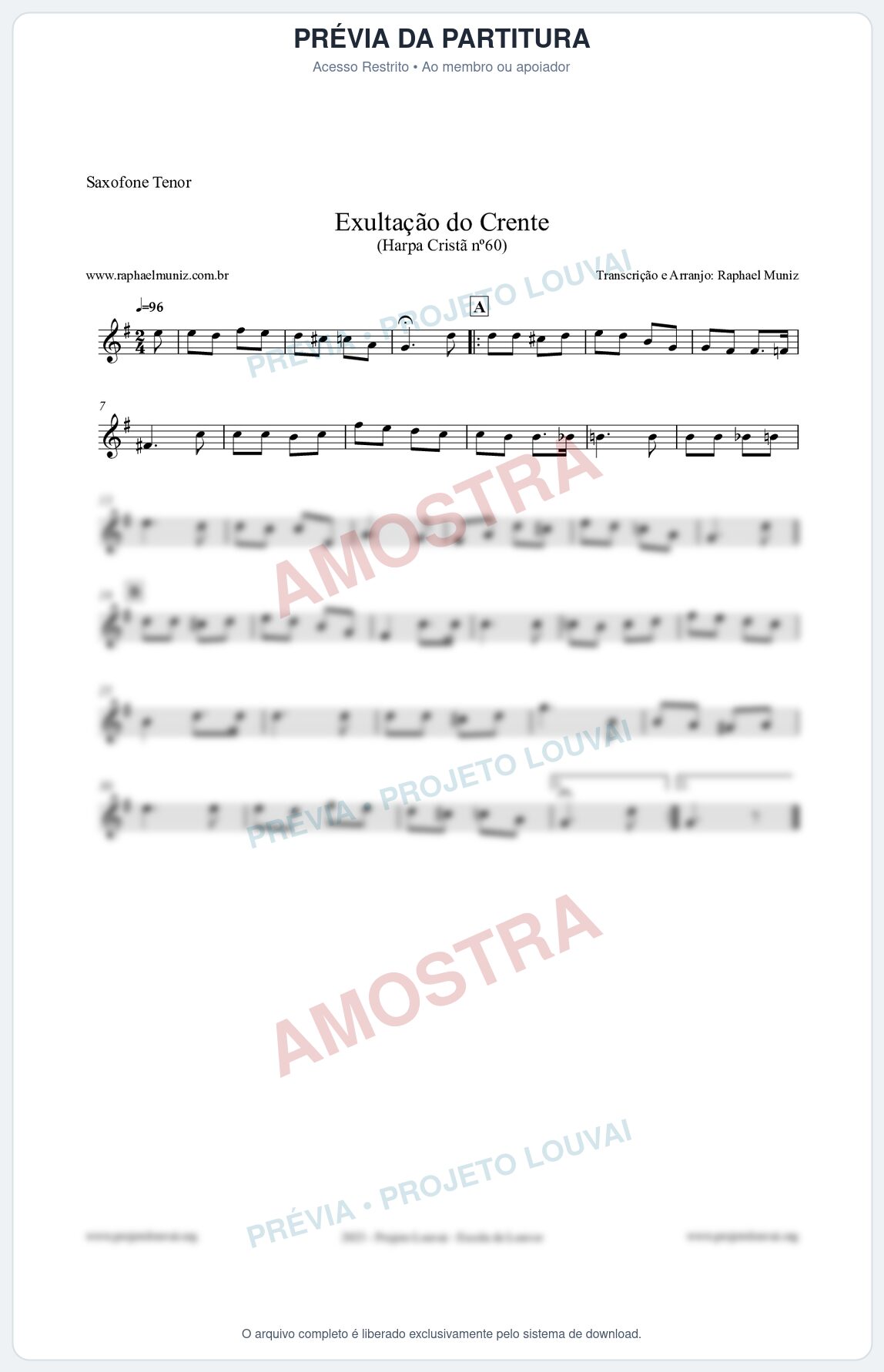 Prévia protegida da primeira página da partitura Partitura para Saxofone Tenor - Exultação do Crente - Harpa Cristã nº60 - Clássicos do Gospel