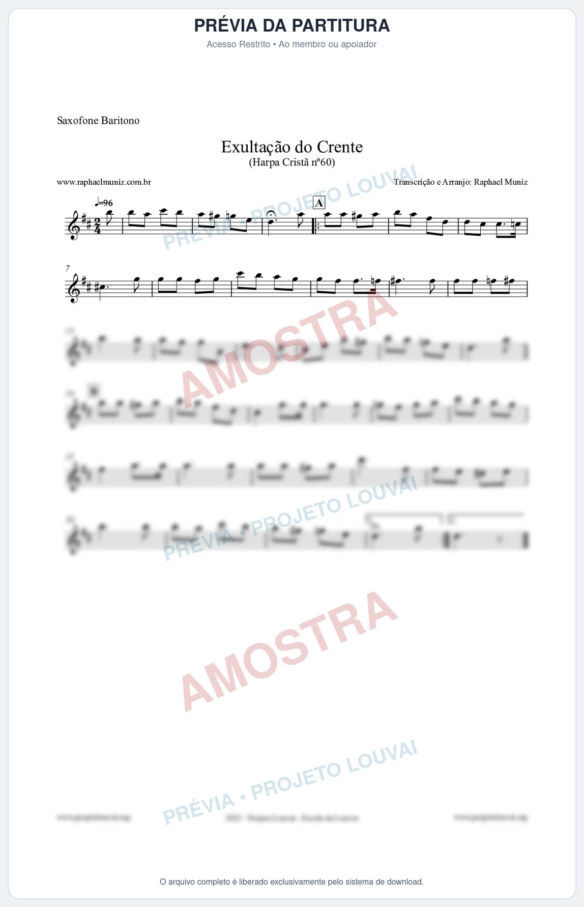 Prévia protegida da primeira página da partitura Partitura para Saxofone Barítono - Exultação do Crente - Harpa Cristã nº60 - Clássicos do Gospel