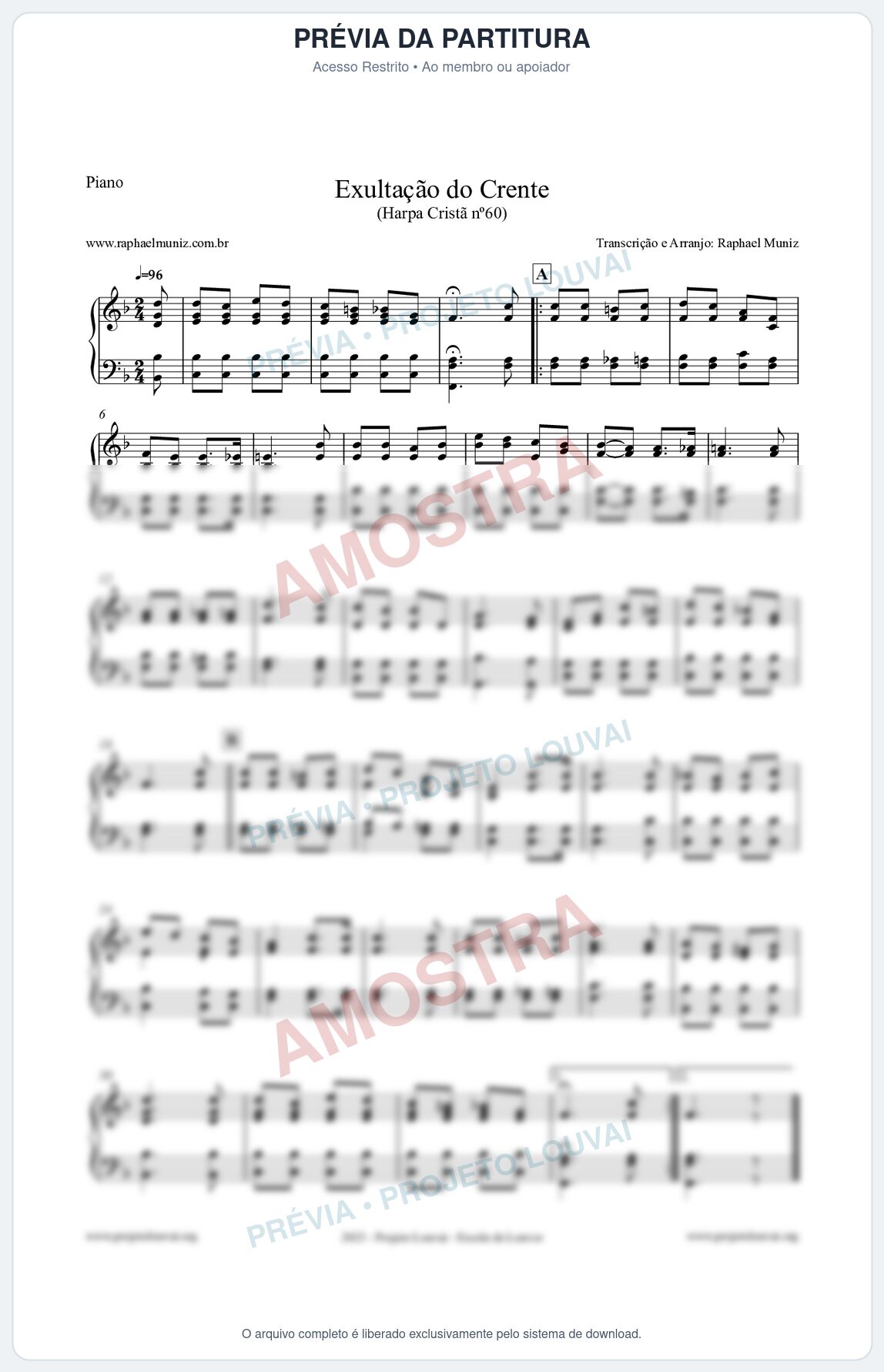 Prévia protegida da primeira página da partitura Partitura para Piano - Exultação do Crente - Harpa Cristã nº60 - Clássicos do Gospel
