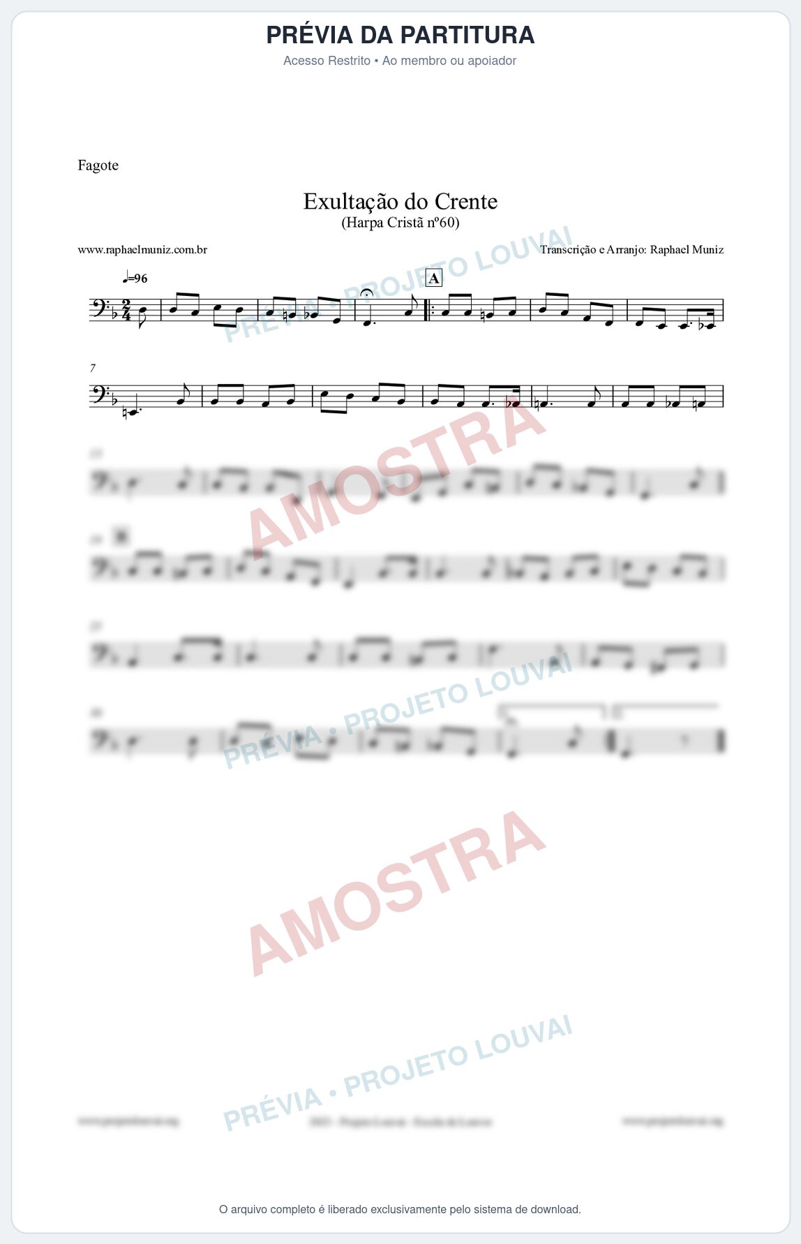 Prévia protegida da primeira página da partitura Partitura para Fagote - Exultação do Crente - Harpa Cristã nº60 - Clássicos do Gospel