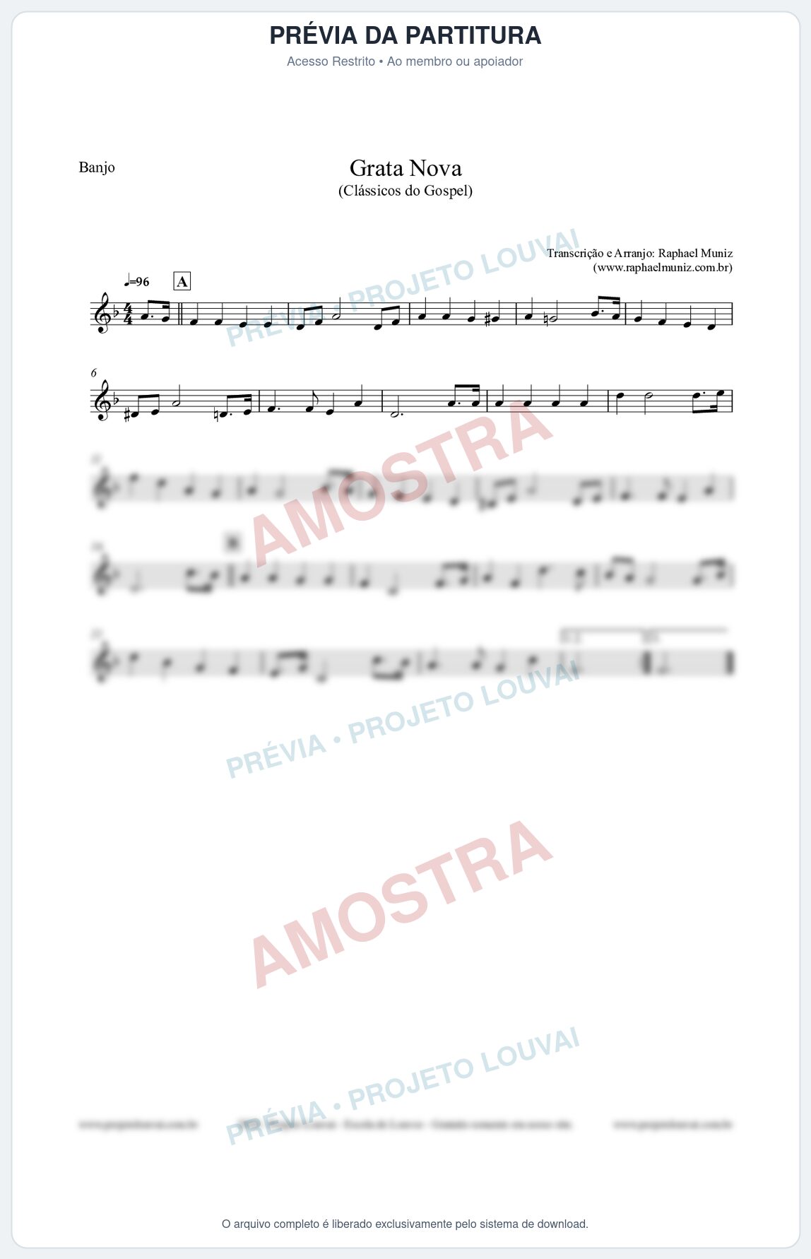 Prévia protegida da primeira página da partitura Partitura para Banjo - Grata Nova - Harpa Cristã 18 (Tom Dm) - Clássicos do Gospel