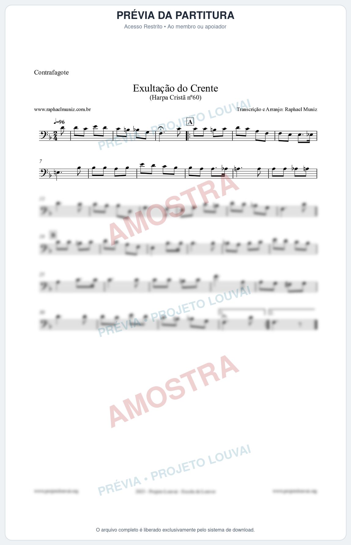 Prévia protegida da primeira página da partitura Partitura para Contrafagote - Exultação do Crente - Harpa Cristã nº60 - Clássicos do Gospel