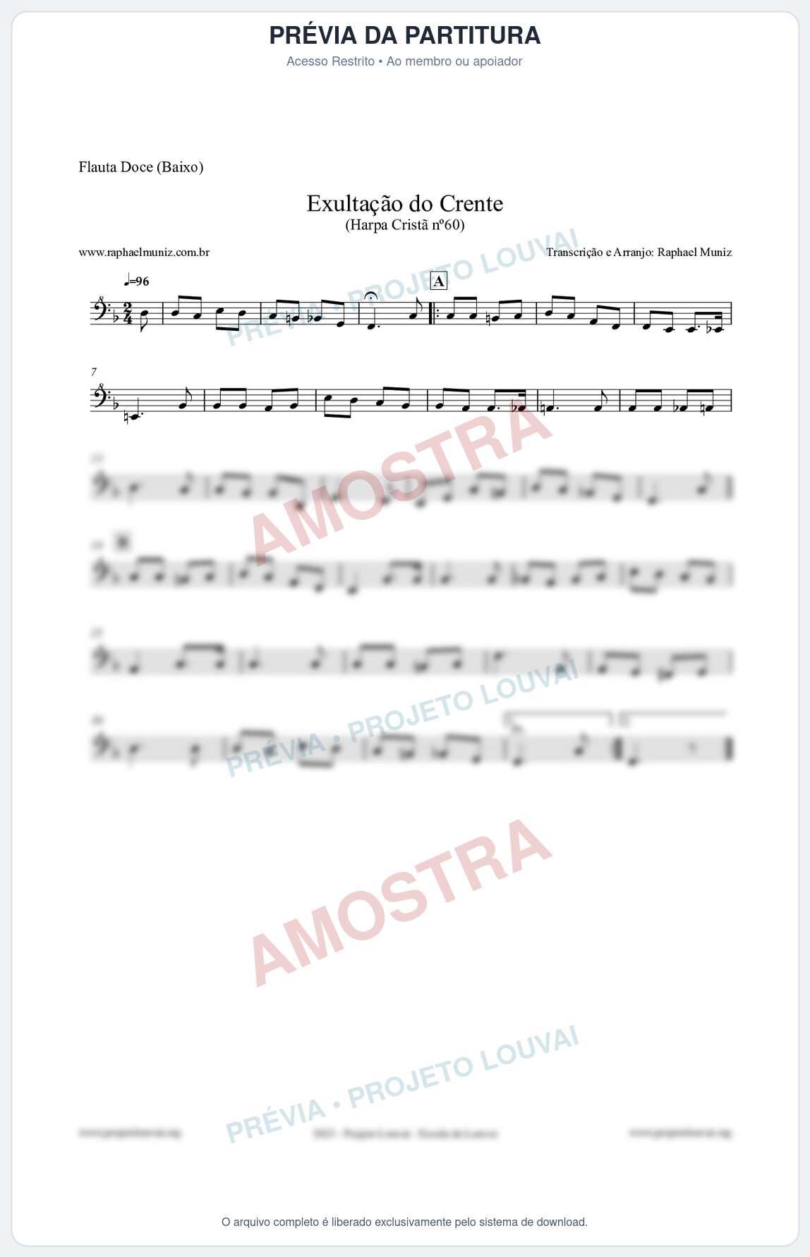 Prévia protegida da primeira página da partitura Partitura para Flauta Doce (Baixo) - Exultação do Crente - Harpa Cristã nº60 - Clássicos do Gospel