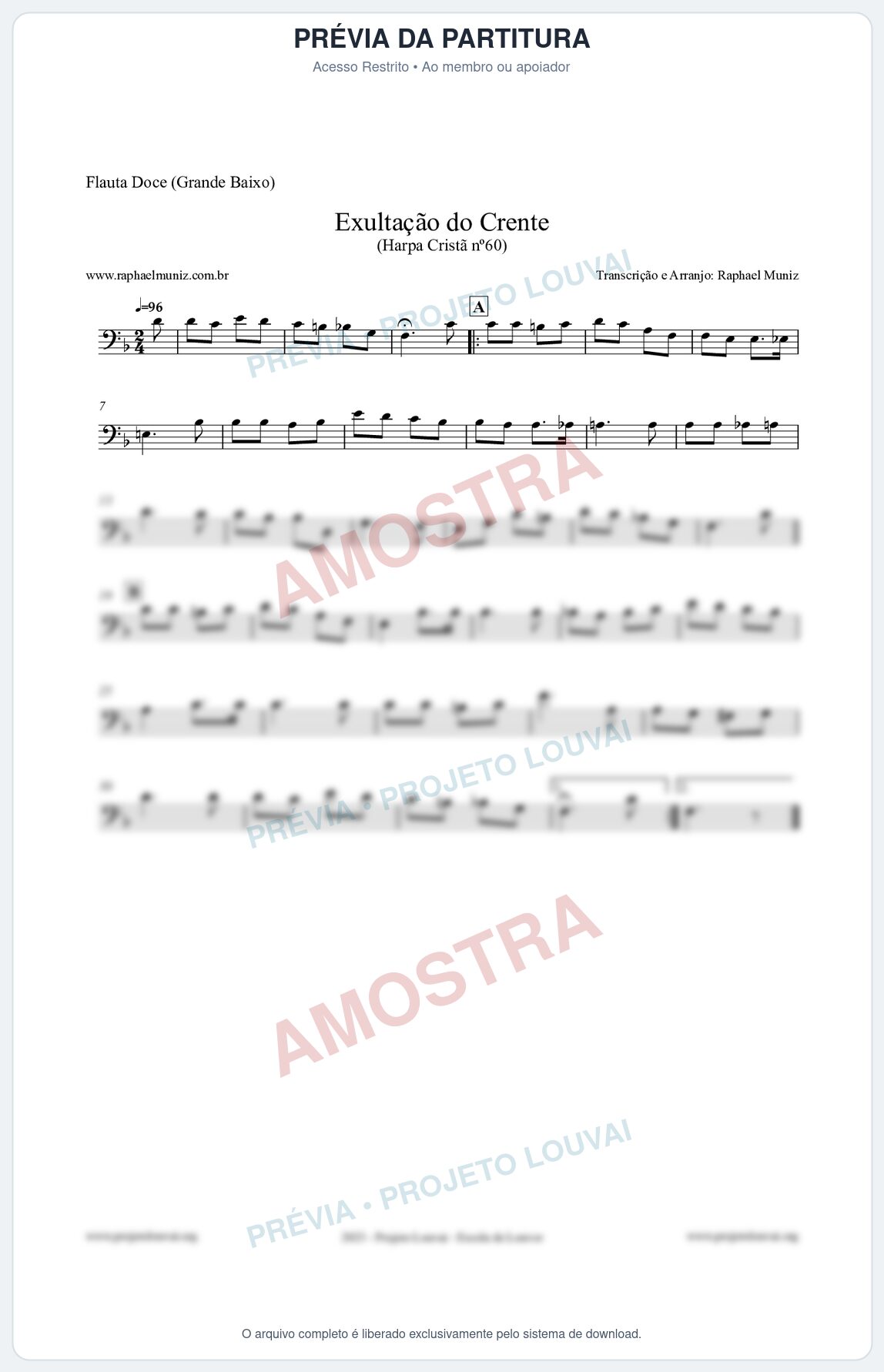 Prévia protegida da primeira página da partitura Partitura para Flauta Doce (Grande Baixo) - Exultação do Crente - Harpa Cristã nº60 - Clássicos do Gospel
