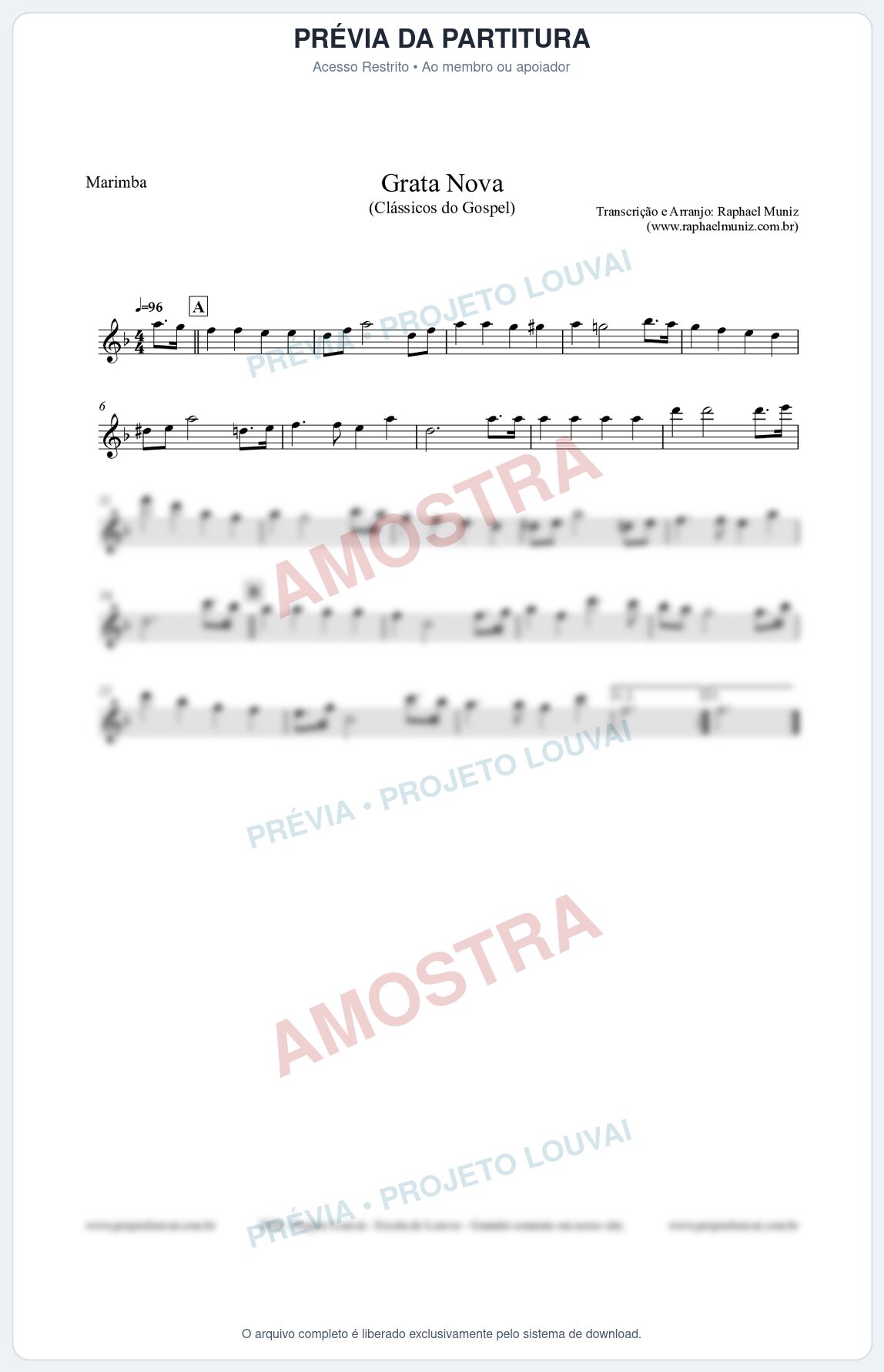 Prévia protegida da primeira página da partitura Partitura para Marimba - Grata Nova - Harpa Cristã 18 (Tom Dm) - Clássicos do Gospel