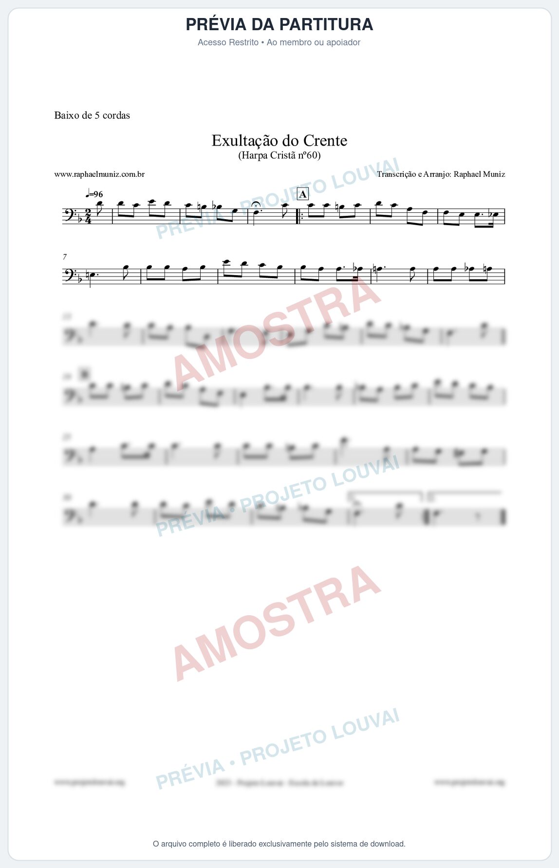 Prévia protegida da primeira página da partitura Partitura para Baixo de 5 cordas - Exultação do Crente - Harpa Cristã nº60 - Clássicos do Gospel